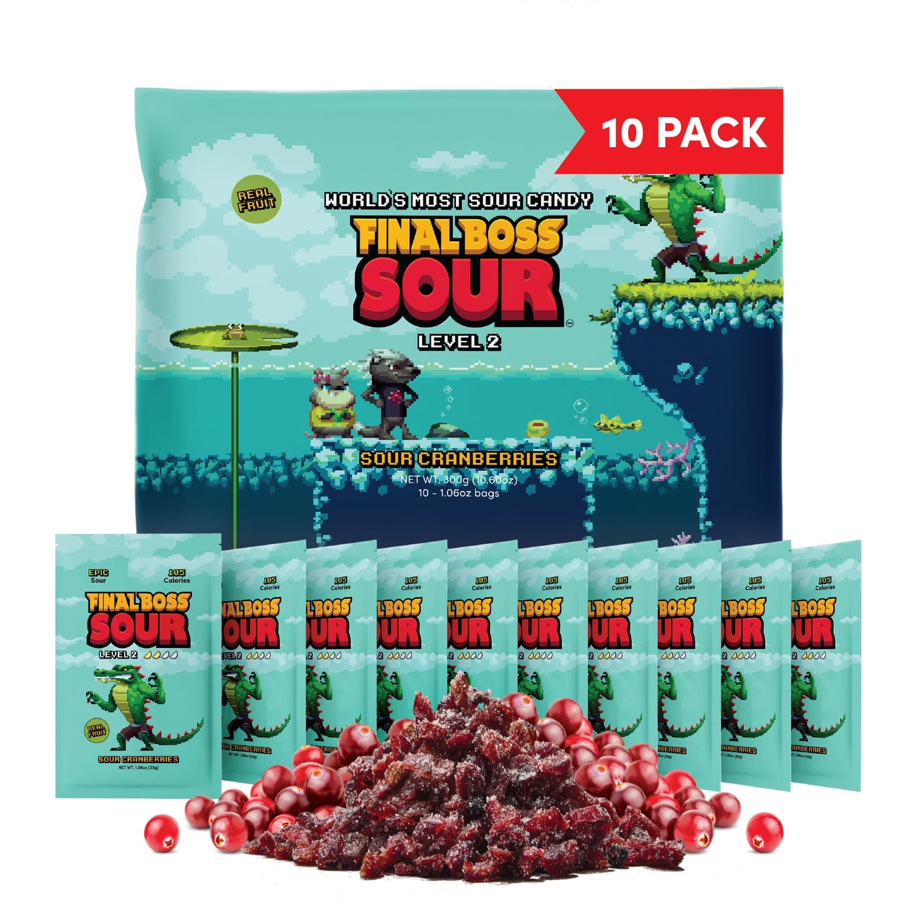 Sour Candy, Sour Cranberries, 10 Pack, Level 2, Fruit Chews with Real Dried Fruit, No Artificial Colors or Flavors, Low Calorie Snack for Kids, Teens, Adults, Lunch Boxes