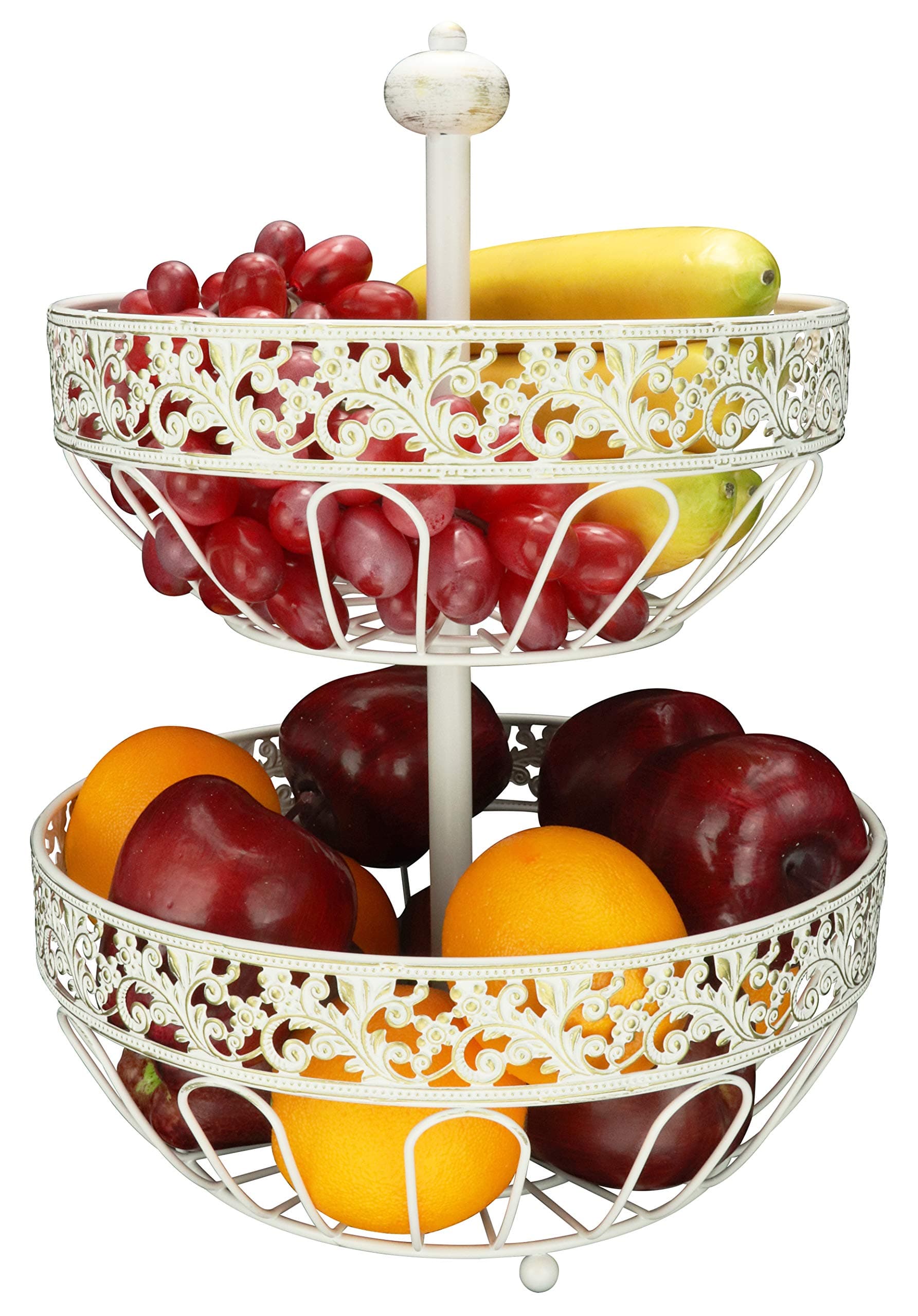 ROSYLINE 2 tier fruit basket, fruit bowl, multi-purpose kitchen and living room storage fruit and vegetable basket (White Brushed Bronze)