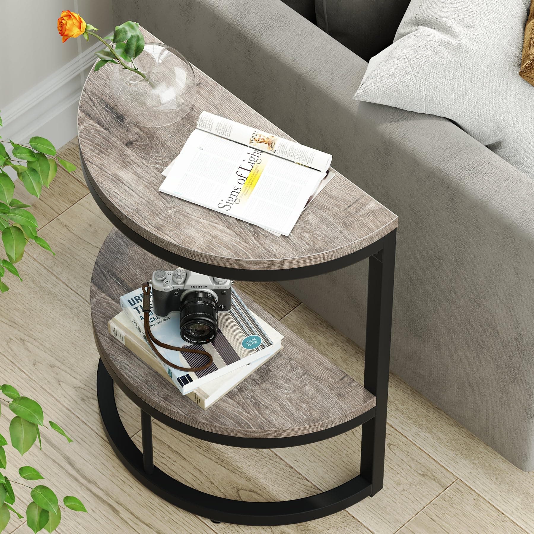 Tribesigns 2-Tier End Table Semi Circle, Small Half Round Side Table with Storage Shelf, Wood Accent Table Slim C Table for Sofa Couch, Living Room, Bedroom, Easy Assembly, Rustic Grey & Black