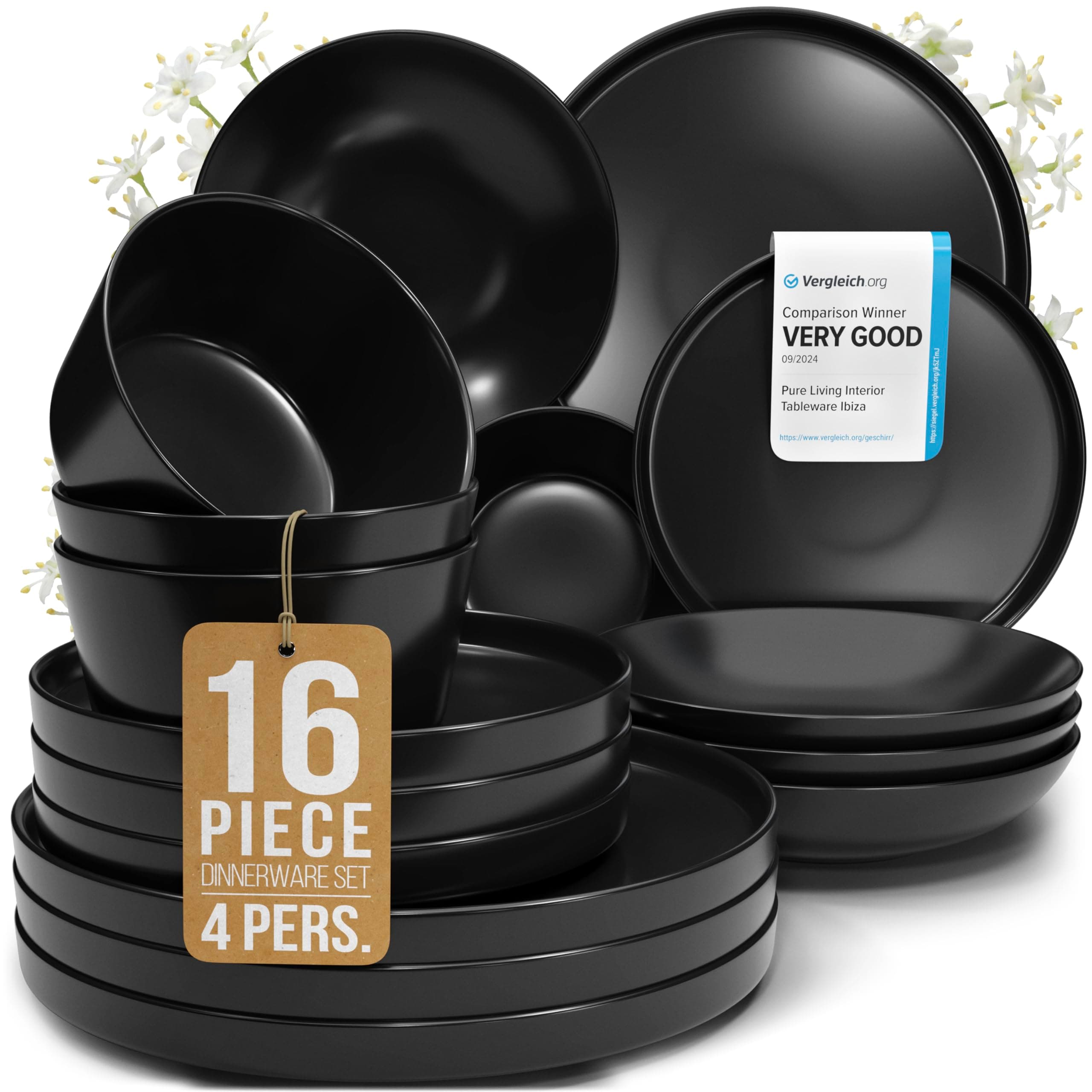 PURE LIVING INTERIOR DESIGN Matte Black Dinnerware Set - 16 pcs. - Dishwasher & Microwave Safe - Black Stoneware Plates & Bowls