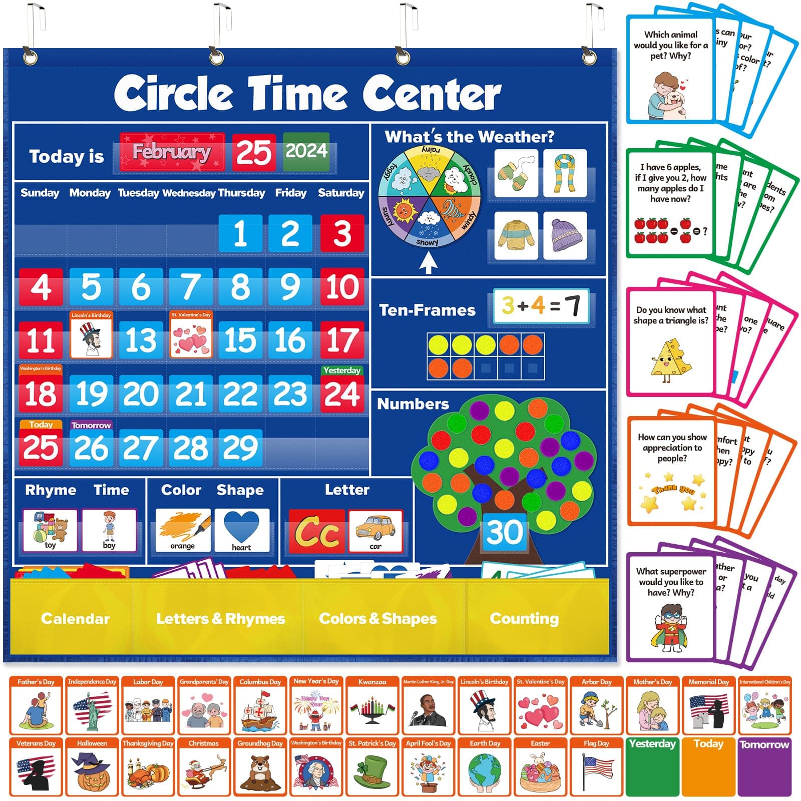 Circle Learning Time Center Pocket Chart Calendar Set, Educational Pocket Chart Learning Shape, Color Classroom Pocket Chart-Number Pocket Chart Wording Rhyme Pictures Pocket Chart