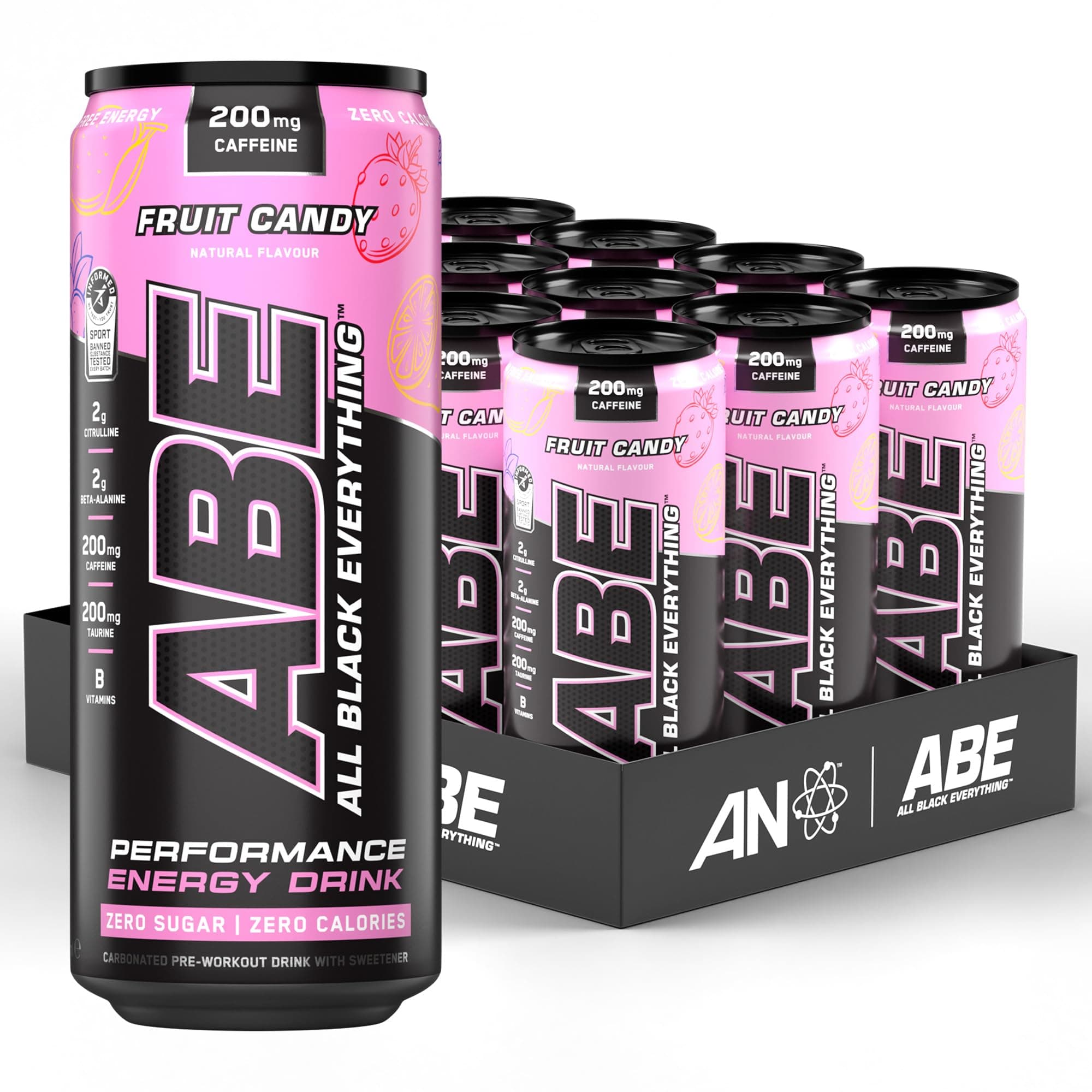 ABE Pre Workout Cans - All Black Everything Energy + Performance Drink, ABE Carbonated Beverage Sugar Free with Caffeine (Pack of 12 Cans x 330ml) (Fruit Candy)