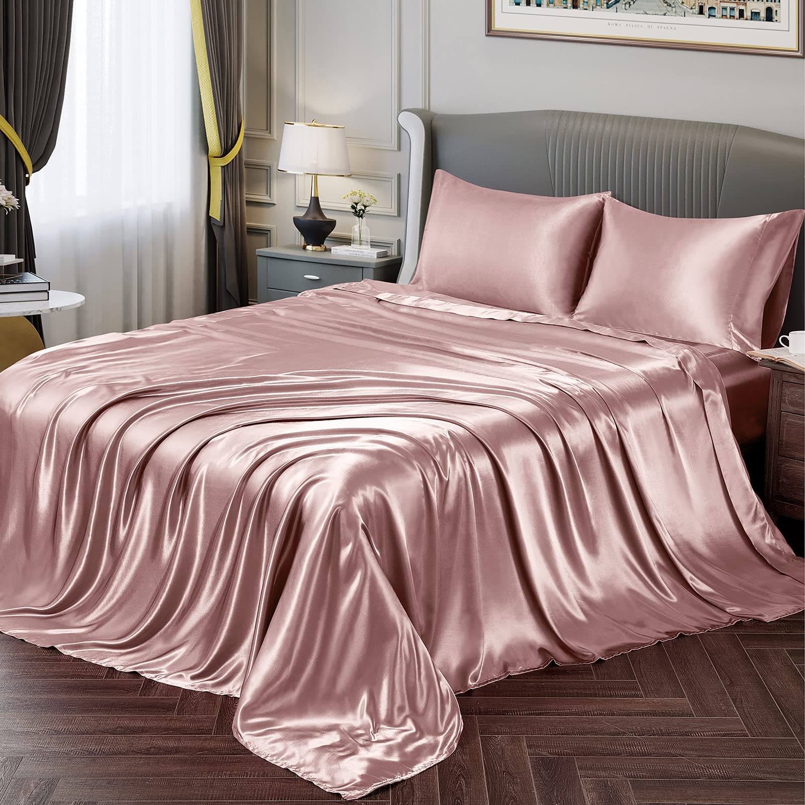 Vonty Satin Sheets Queen Size Silky Soft Satin Bed Sheets Rose Gold Sheet Set, 1 Deep Pocket Fitted Sheet + 1 Flat Sheet + 2 Pillowcases