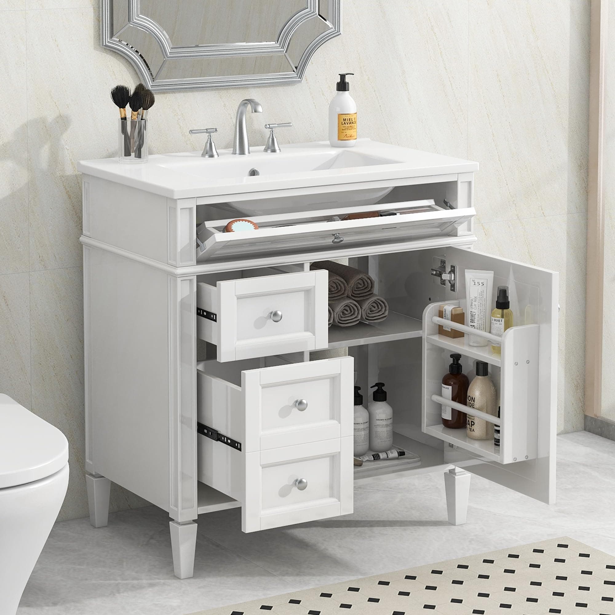 Linique 30" Bathroom Vanity with Sink Combo Set, Solid Wood Frame Modern Bathroom Storage Cabinet with 2 Drawers and a Tip-Out Drawer, Soft Closing Cabinet Door with Organizer, White