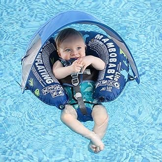 Mambobaby Baby Float Self-Inflating Baby Pool Float, AnjeeIOT Newest Compressible Pool Swim Float Infant Soft Solid Swimming Trainer, Baby Float with Removable UPF 50+ UV Sun Protection Canopy