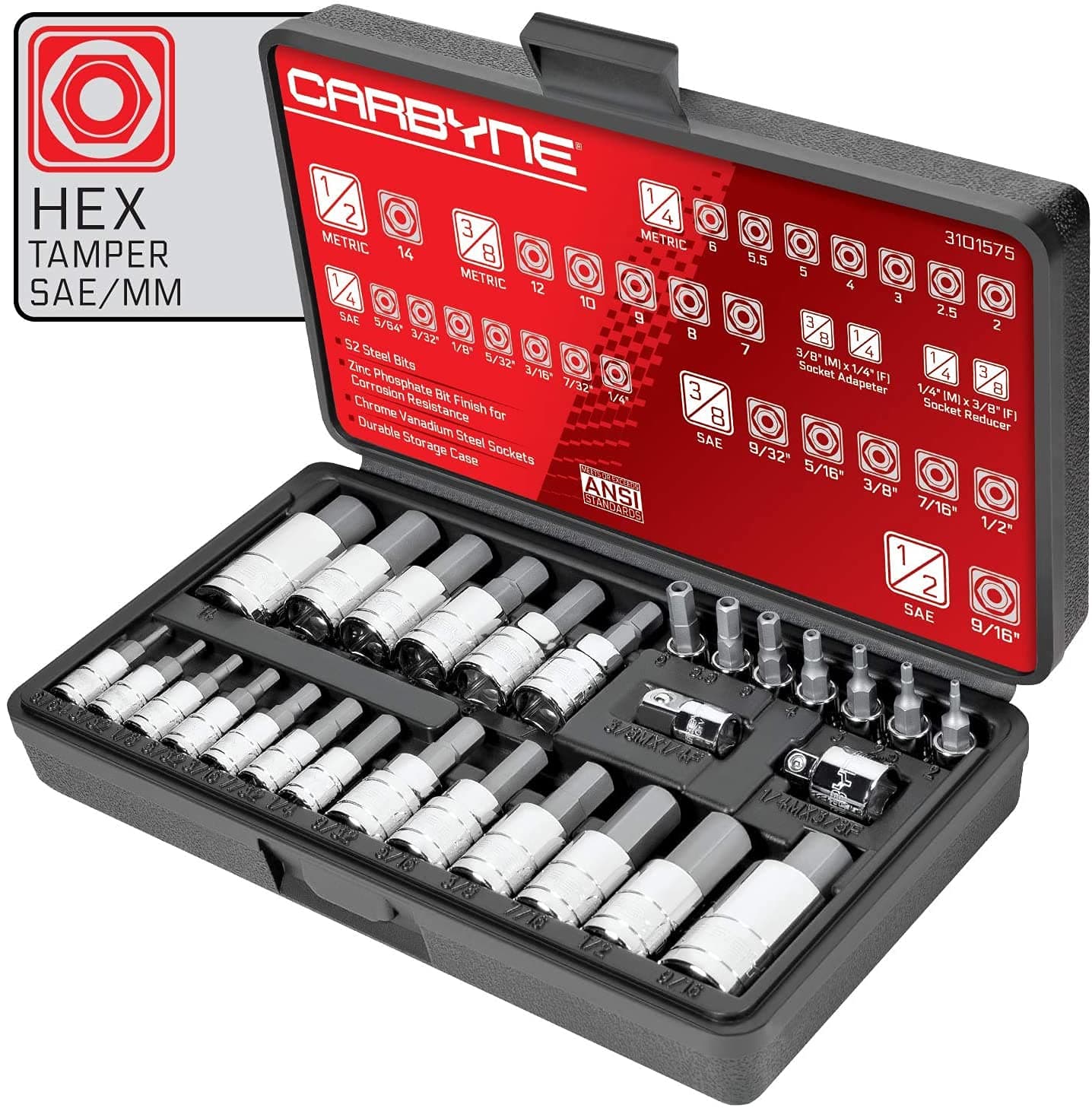 CARBYNE 28-Piece Tamper-Proof Hex (Allen) Bit Socket Set | Metric & SAE. Includes Metric 2mm - 14mm, SAE 5/64 in.- 9/16 in. S2 Steel Bits, Cr-V Sockets, Durable Case | 1/4, 3/8, & 1/2 in. Drive