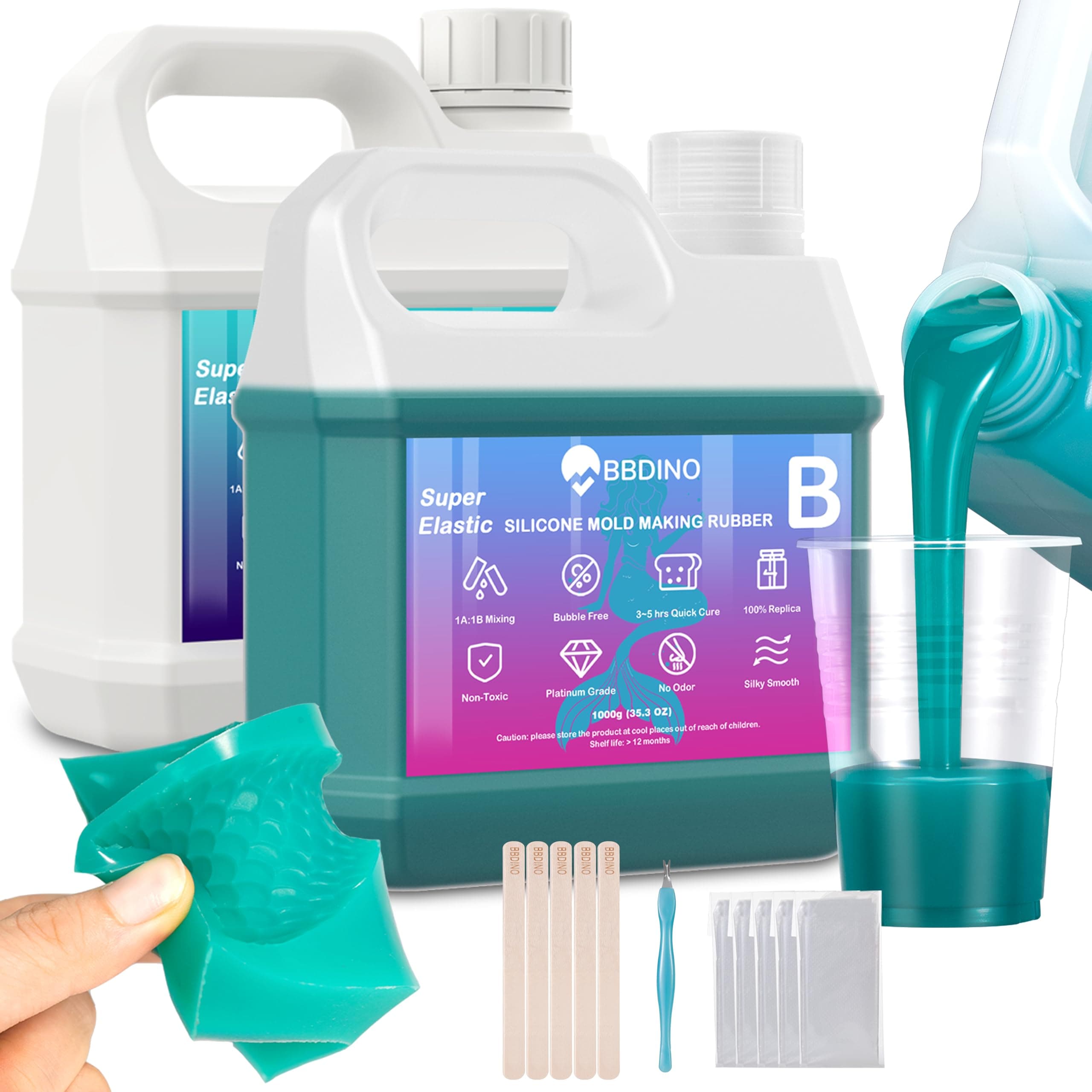 Super Elastic Silicone Mold Making Kit, Liquid Silicone for Mold Making, Silicone Rubber Mold Making Kit 1:1 By Volume Ideal for Casting 3D Resins Molds| Silicone Molds N.W. 70.56 Oz Jade Green