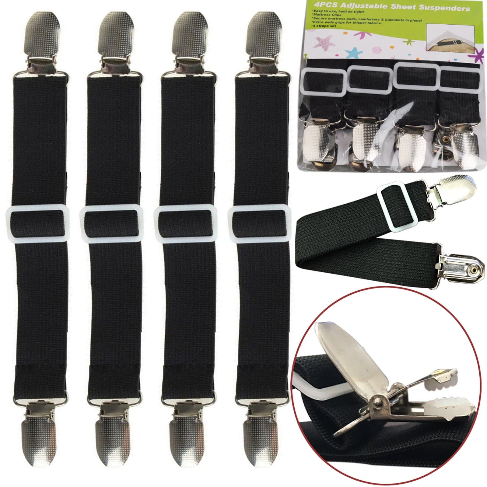 4pcs/set Bed Sheet Clips Straps Suspenders Black Adjustable Corner Holder Elastic Fasteners Mattress Pad Cover Fitted Sheet Grippers