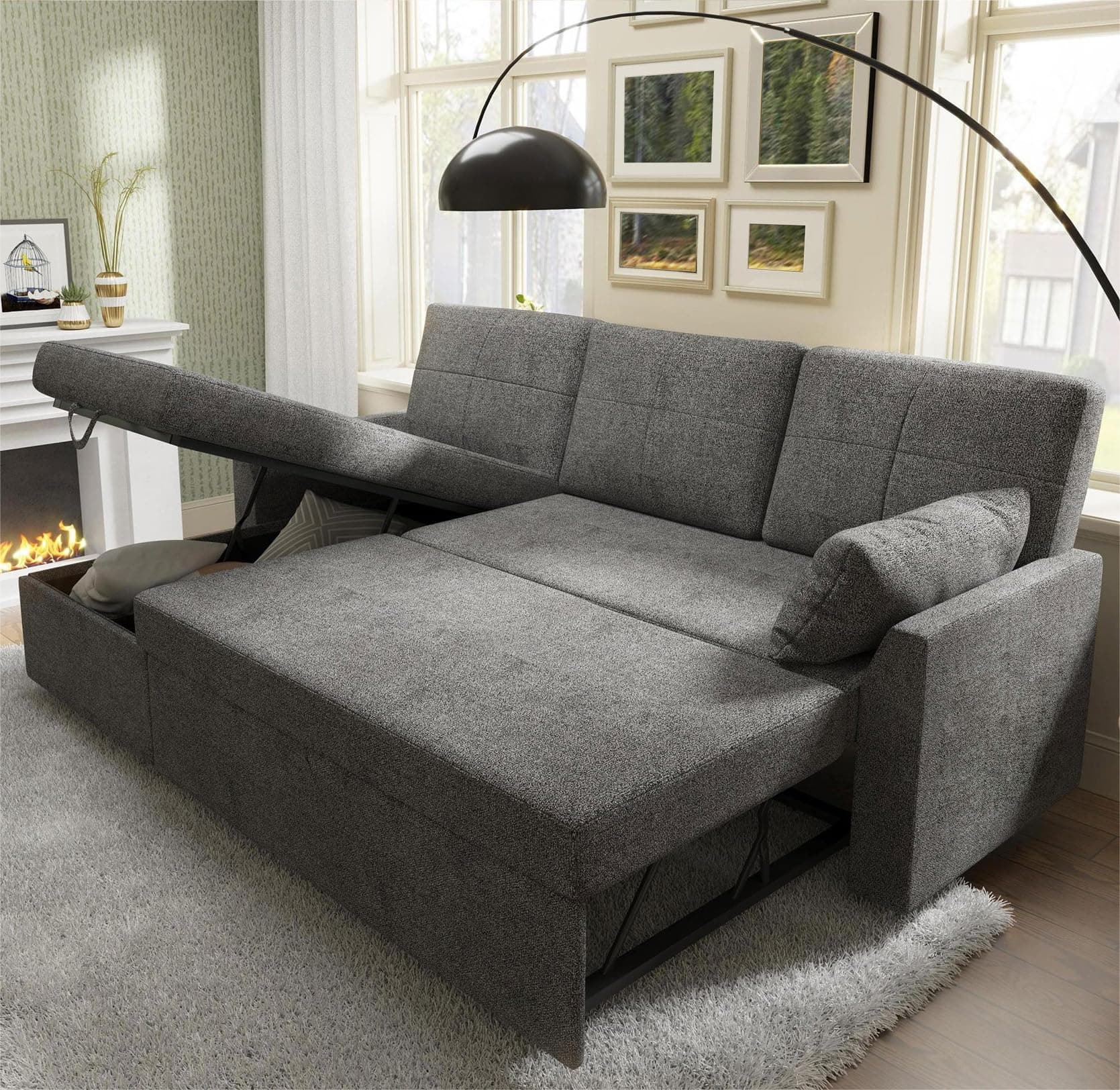 PaPaJet Sofa Bed, Sleeper Sofa with Storage Chaise, L Shaped Sofa with Pull Out Bed, Oversized Sofas for Living Room, Gray