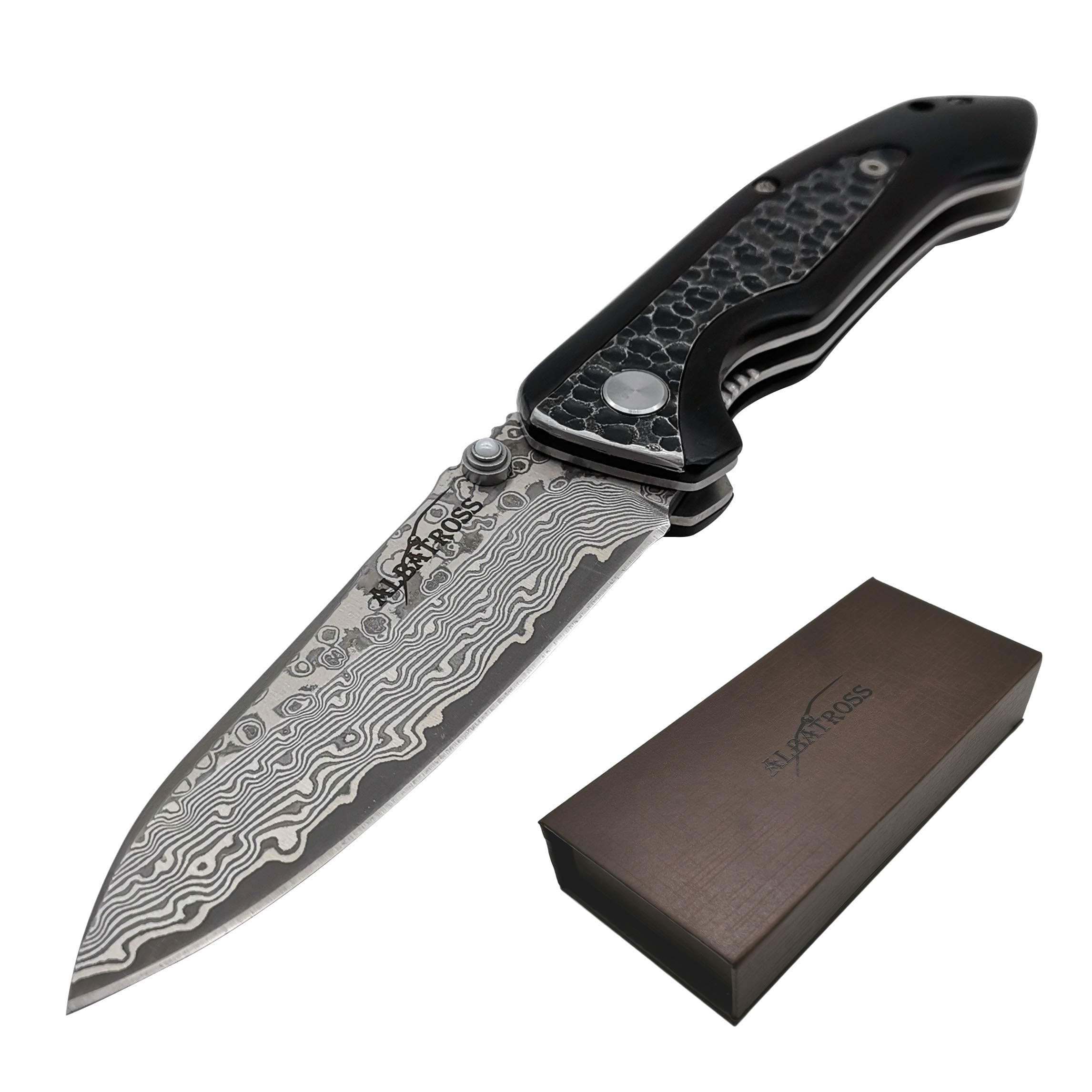 Father's Day, Mother's Day & Holiday Gift for Men Women Damascus Steel Pocket Folding Knife for Husband, Boyfriend, Father, Wife, Girlfriend, Mom - with Gift Box & One-Hand Open