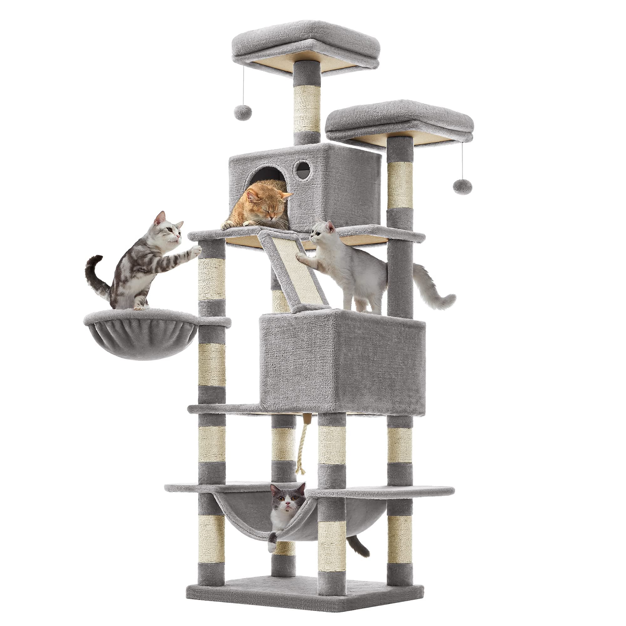 Feandrea Cat Tree, 168 cm Large Cat Tower Condo with 13 Scratching Posts, 1 Scratching Ramp, 2 Perches, 2 Caves, Basket, Hammock, Pompoms, Light Grey PCT165W01V1
