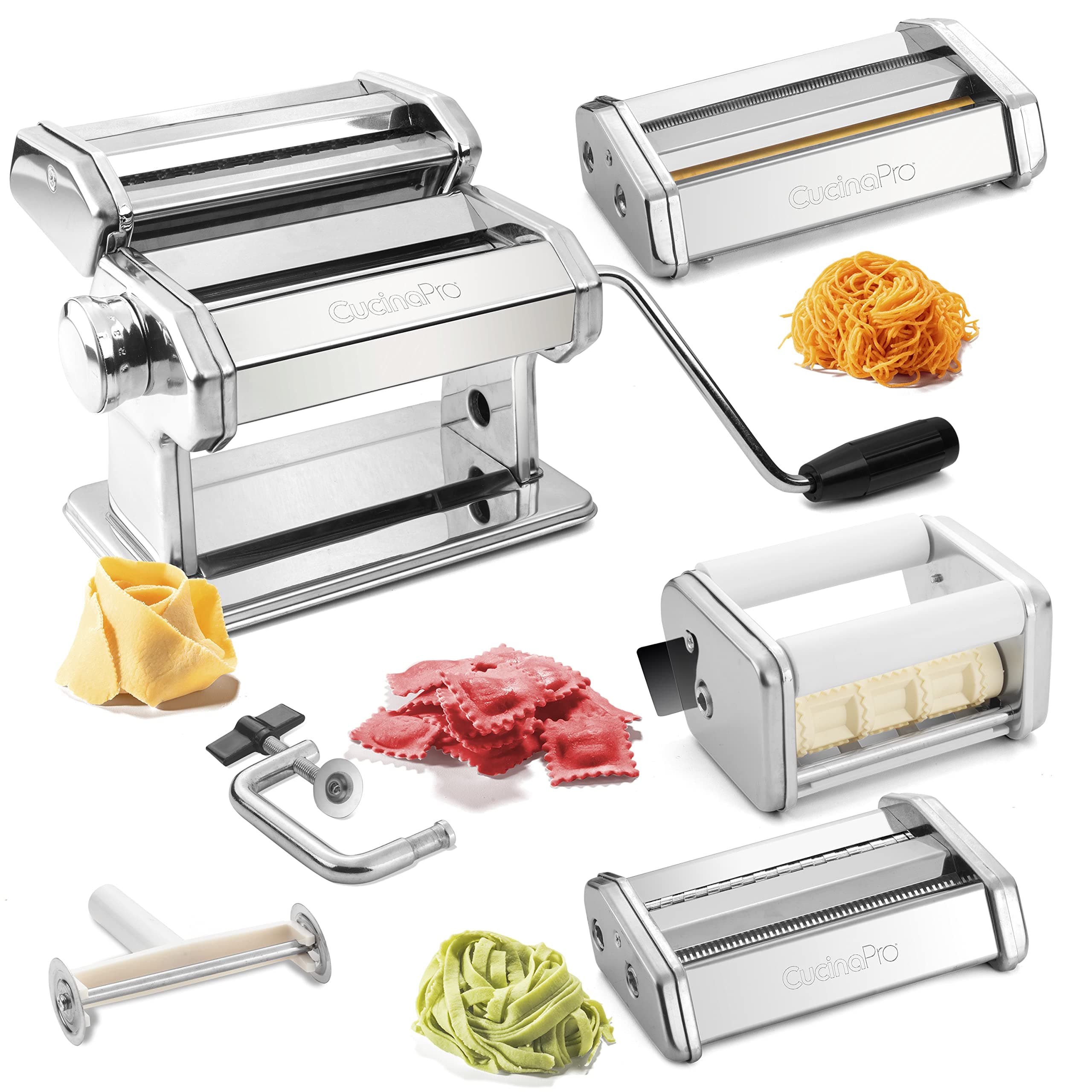 Pasta Maker Deluxe Set- Stainless Steel Machine w 3 Interchangeable Attachments- Make 5 Different Pastas- Spaghetti Fettuccini Angel Hair Ravioli Lasagnette- Durable Cutters for Adjustable Thicknesses