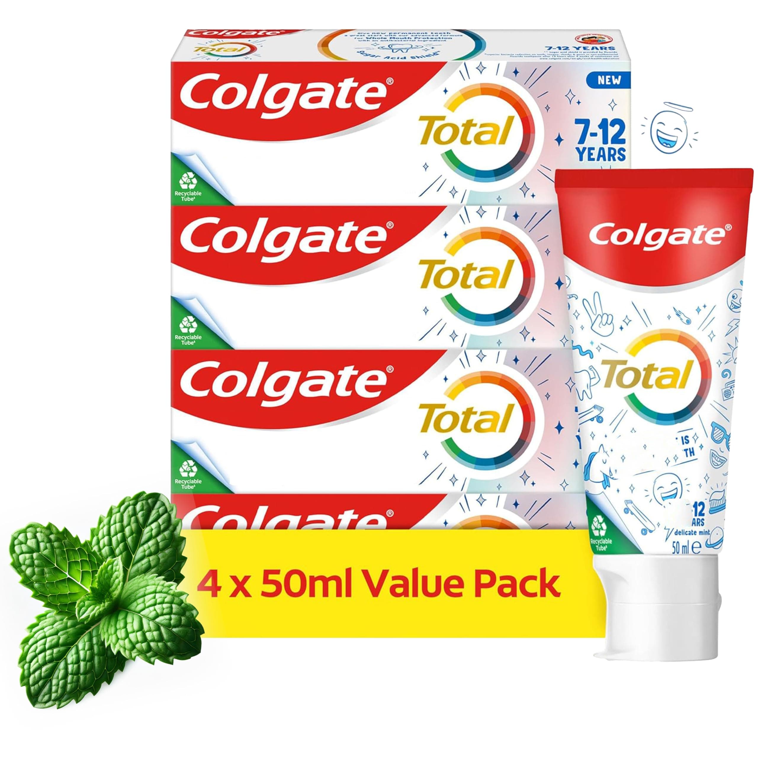 Colgate Total Toothpaste for Kids 7-12 Years - 4 Pack 50ml Tubes - Whole Mouth Protection - Mild Mint Flavour - Fluoride Toothpaste