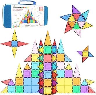 PicassoTiles 101pcs Magnetic Building Block Toy + Case Set Magnet Tile Construction Blocks for Ages 3 and Up Educational Kit Child Brain Development Learning Playset in Portable Travel Carry Bin
