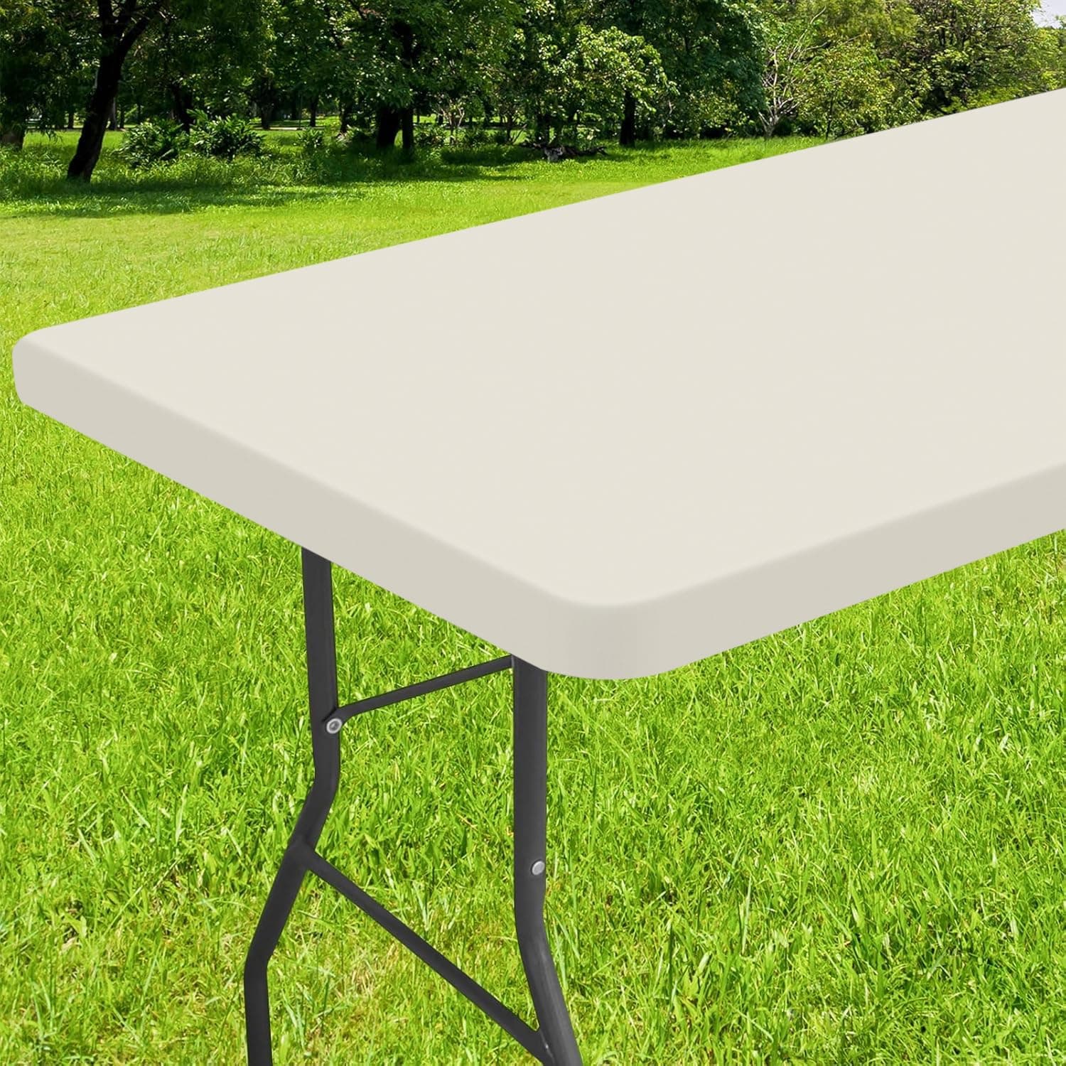 Smiry Rectangle Tablecloth, Elastic Fitted Flannel Backed Vinyl Tablecloths for 8ft Folding Tables, Waterproof Wipeable Table Covers for Indoor, Outdoor, Picnic and Camping (Beige, 36"x96")
