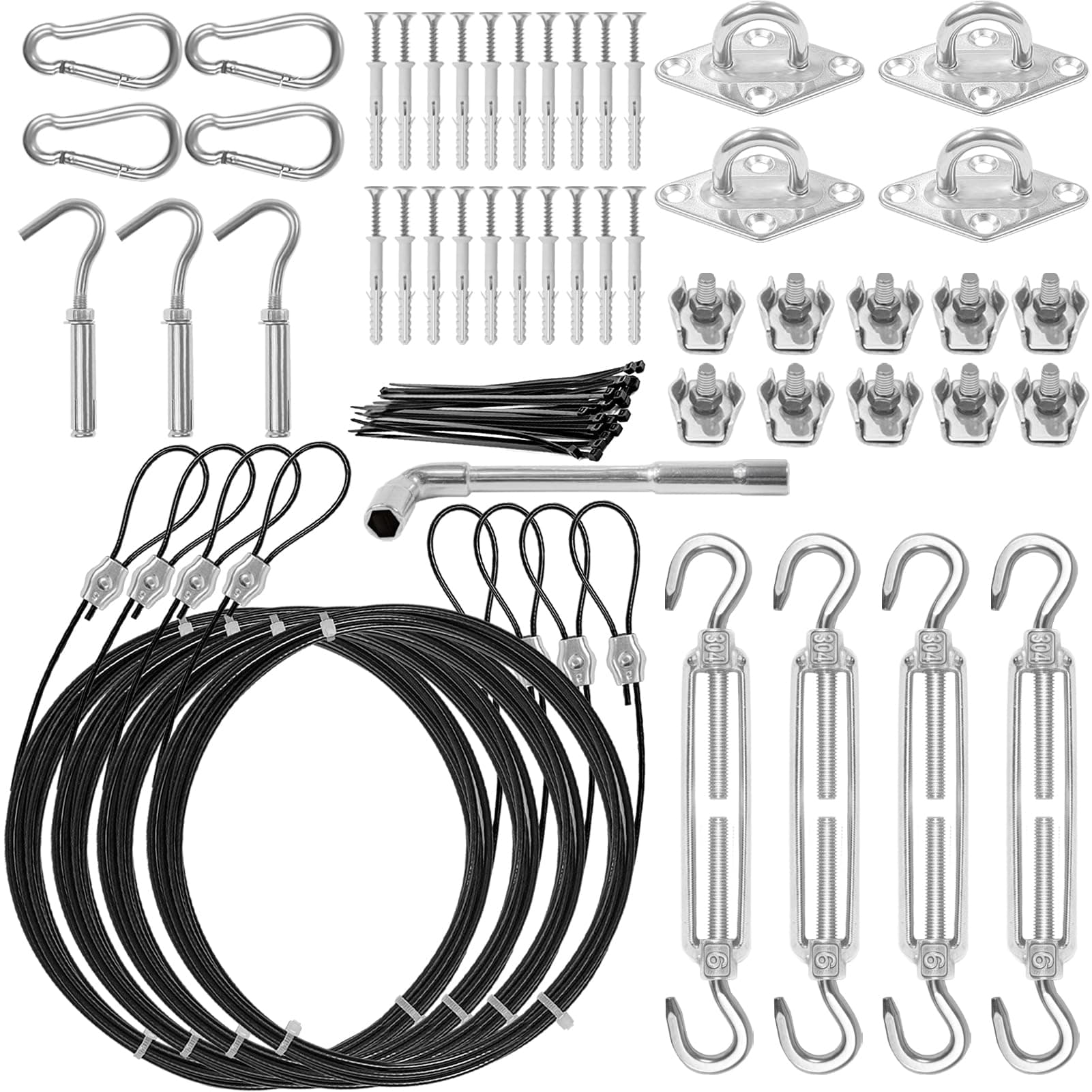 Shade Sail Hardware Kit with Nylon Coated Cable Wire, 304 Stainless Steel Installation Kit for Rectangle Triangle Sun Shade Capony for Outdoor Patio Garden