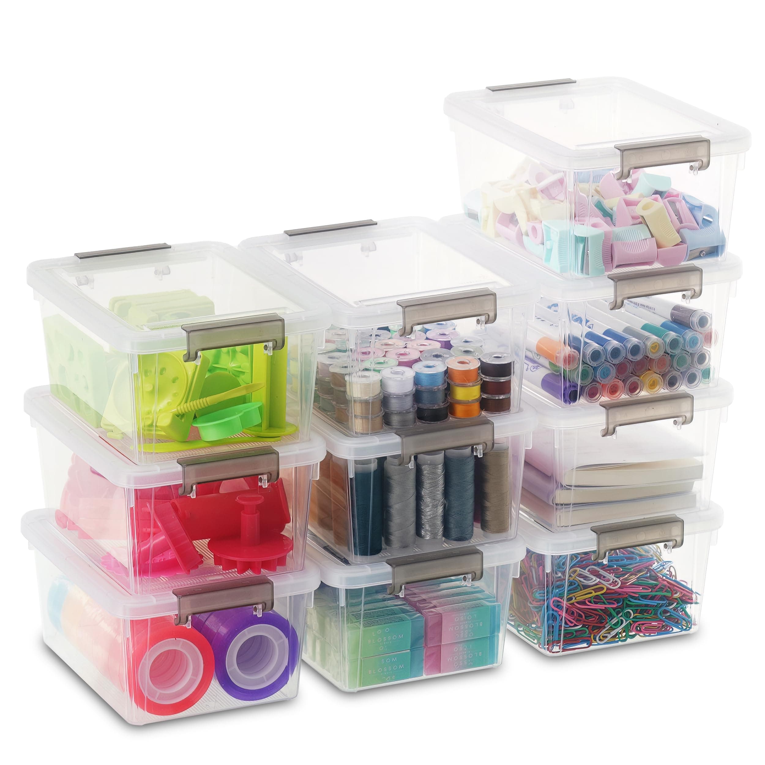Citylife 10 Pack Storage Boxes with Lids Plastic Small Clear Stackable Box for Shelves Toys, 1.25L