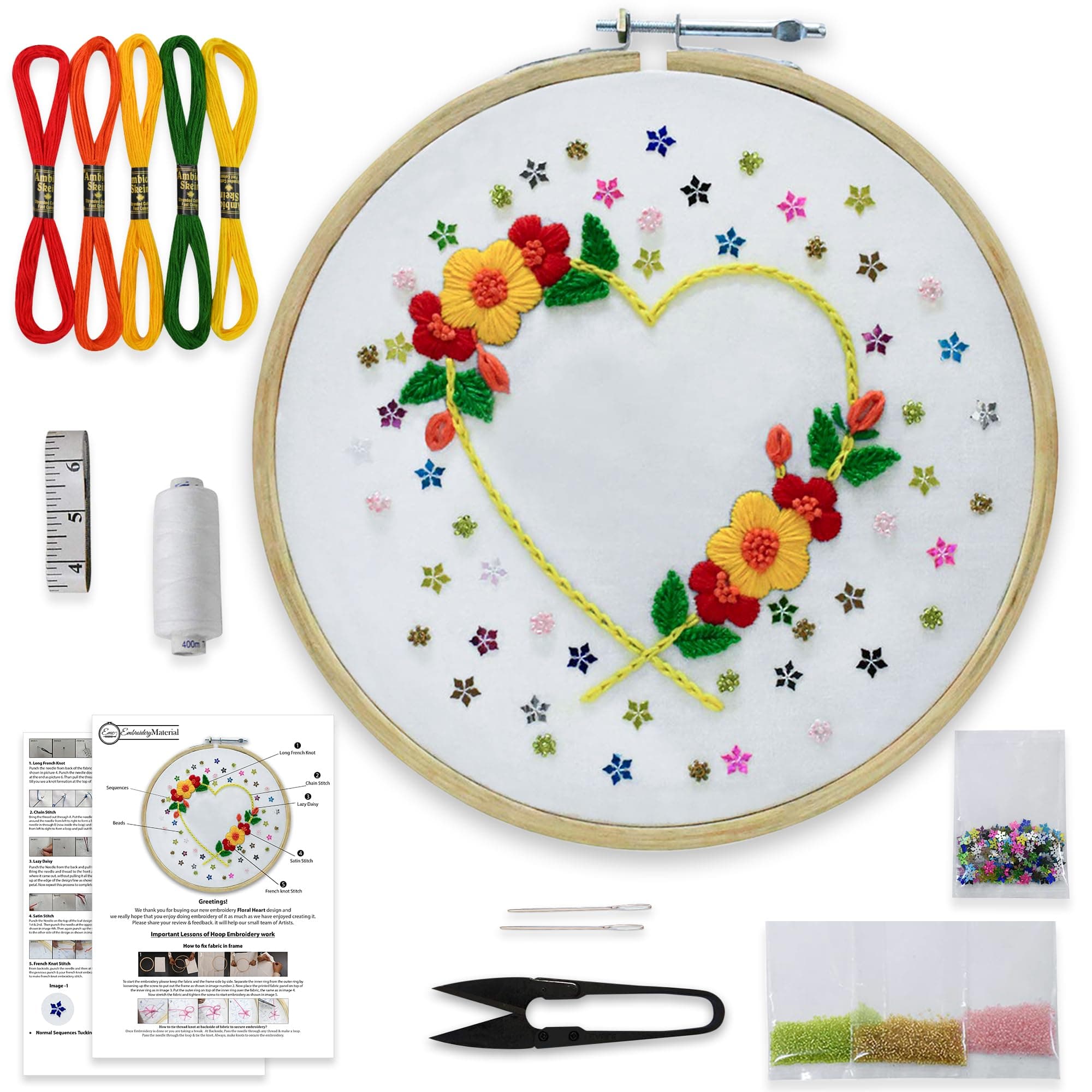 Embroiderymaterial Cute c – Floral Heart Pattern | Includes Hoop, Printed Fabric, Threads, Beads, Sequins, Needles & Step-by-Step Guide | All-in-One Starter Kit