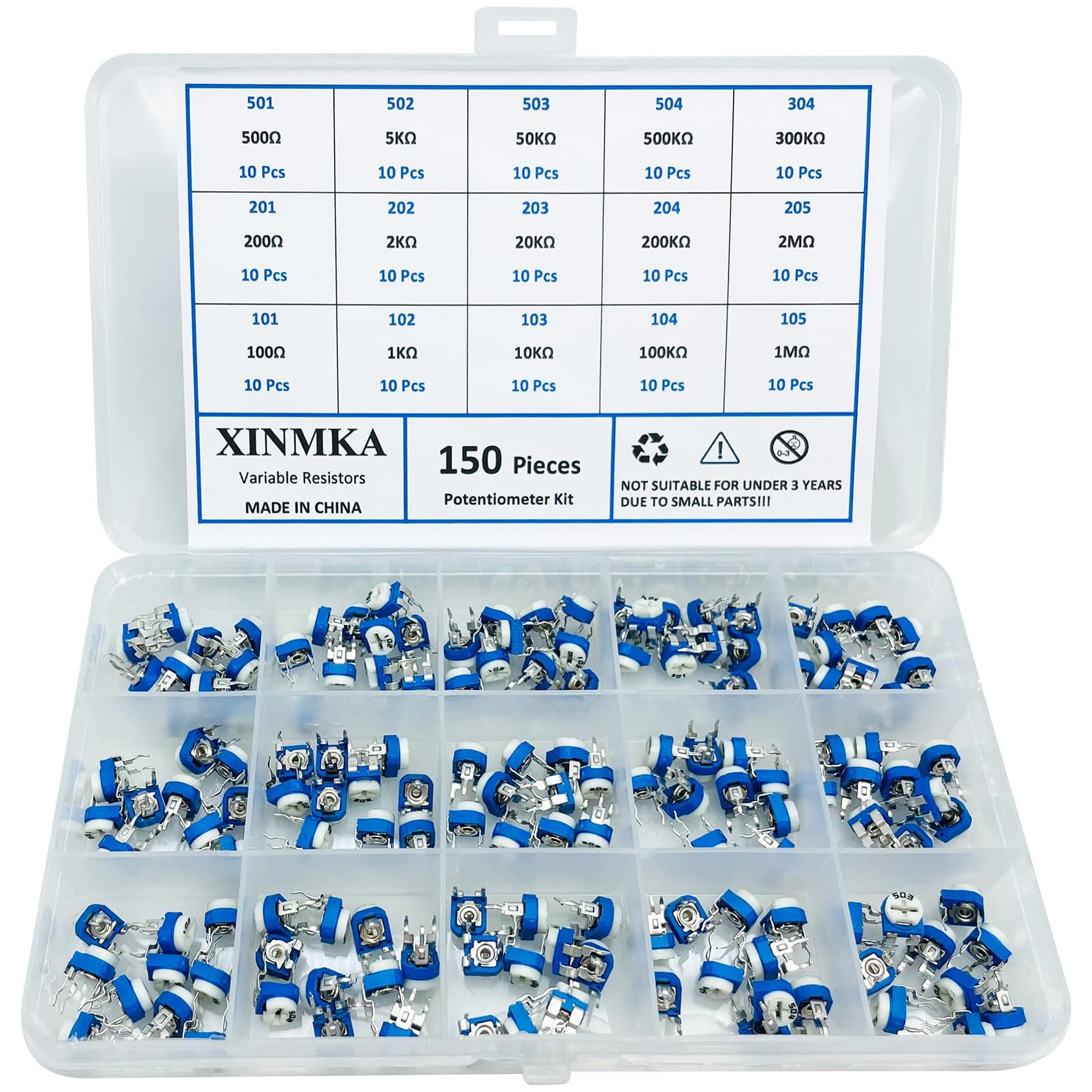 150Pcs 6mm Potentiometer Assortment Kit – 15 Values 100 Ohm - 2M Ohm Adjustable Variable Resistor Assortment Kit for Electronics, DIY Projects, and Circuit Design