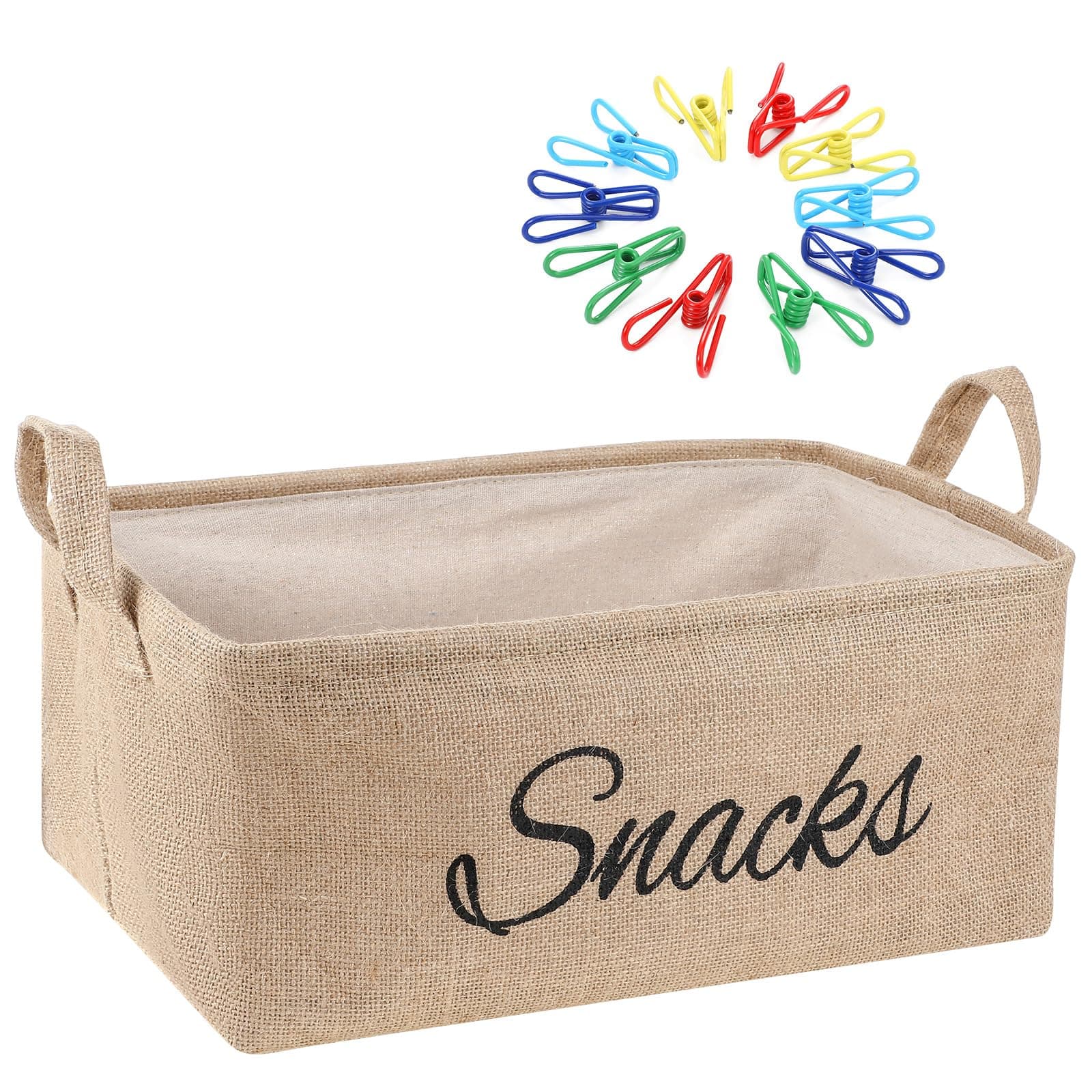 17 Pcs Snack Basket Sets, Snack Storage Bin for Pantry Shelves with 16 Pcs 2 Inch Chip Clips, Basket Organizer for Kitchen Home, Chips, Popcorn, Candy, Pretzels(Burlap,Khaki)