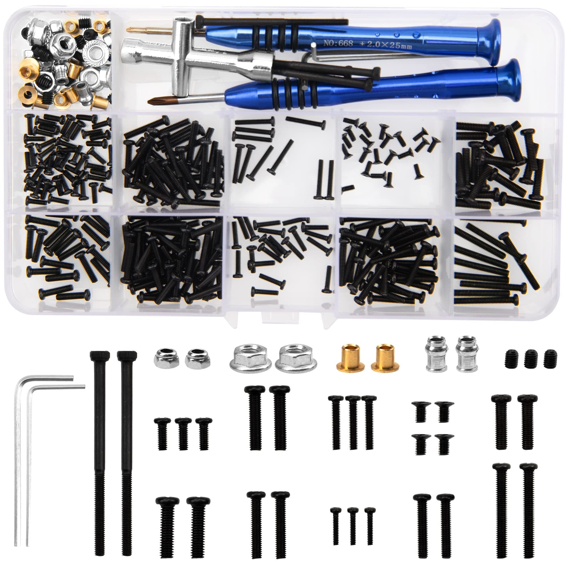 298PCS RC Tool Kit Kit M2 M2.5 M3 Screw Fastener Bolts Hex Wrench Screwdriver Repair Kit Compatible with 1/12 WLtoys 12423 12427 12428 12429 FY-01 FY-07 FY-08 RC Car