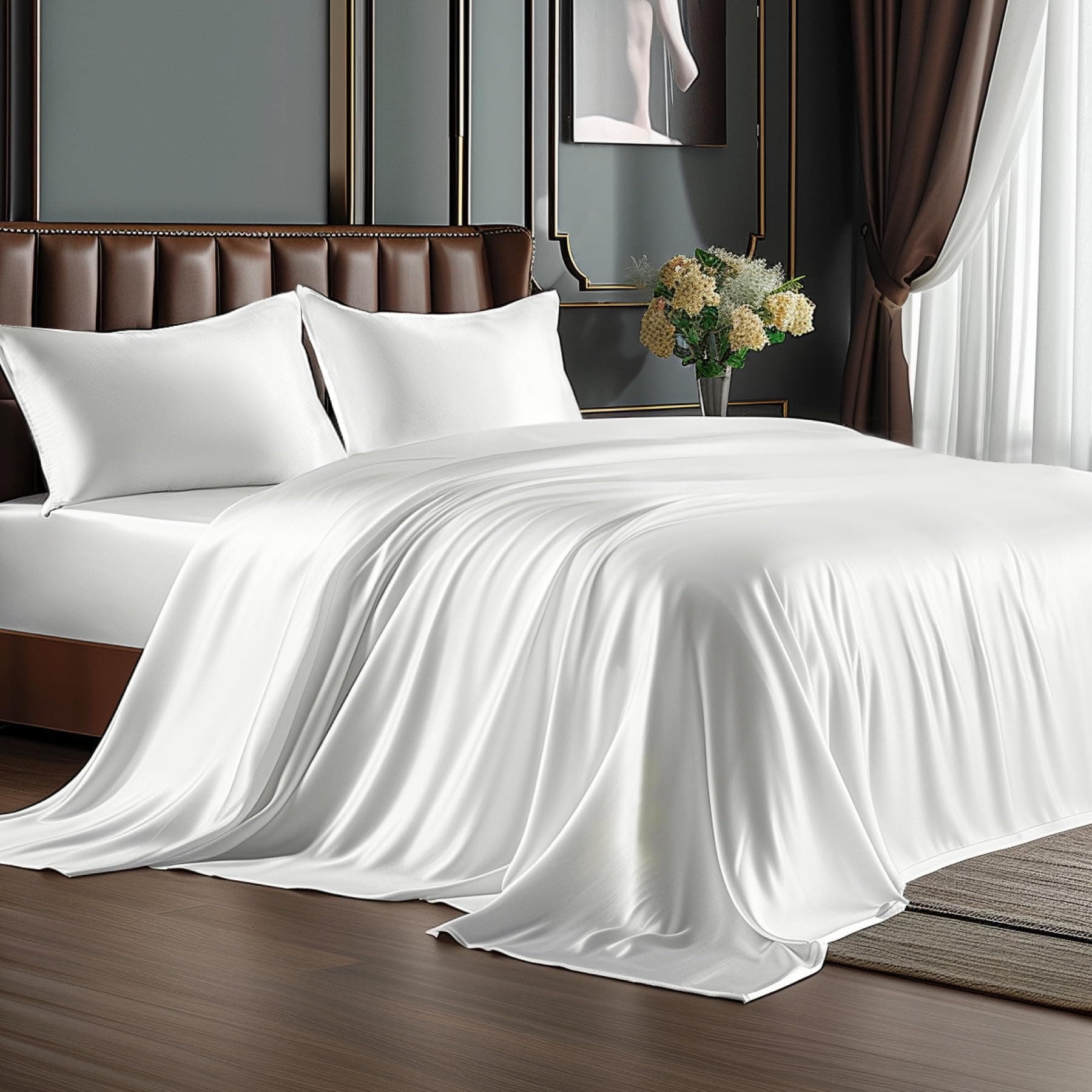 BEDELITE Satin Sheets Queen Size Bed Set, Luxury Soft White Silky Sheets for Hair and Skin, Similar to Silk Bed Sheets Set 4 Pieces (1 Deep Pocket Fitted Sheet, 1 Flat Sheet, and 2 Pillowcases)