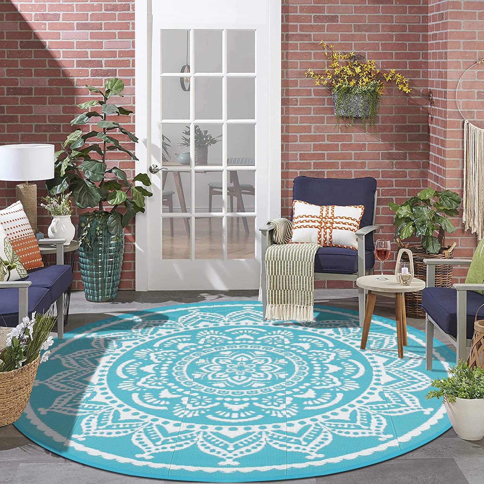 Bsmathom Waterproof Outdoor Rug 6ft Round Reversible Boho Plastic Straw Patio Deck Camping Rugs, Indoor Outdoor Portable RV Mat Carpet for Outside, Porch, Balcony, Backyard, Beach, Pool,Flower Teal