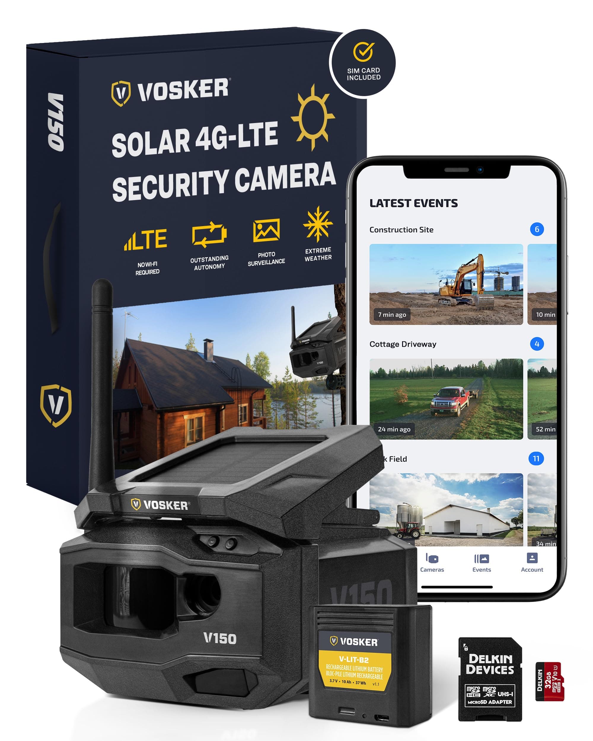 Vosker V150 Solar-Powered LTE Cellular Home Security Outdoor Camera | Motion Activated Sensor Nightvision Wireless Camera | Receive Photos on Your Mobile App (V150-US-MSD32GB)