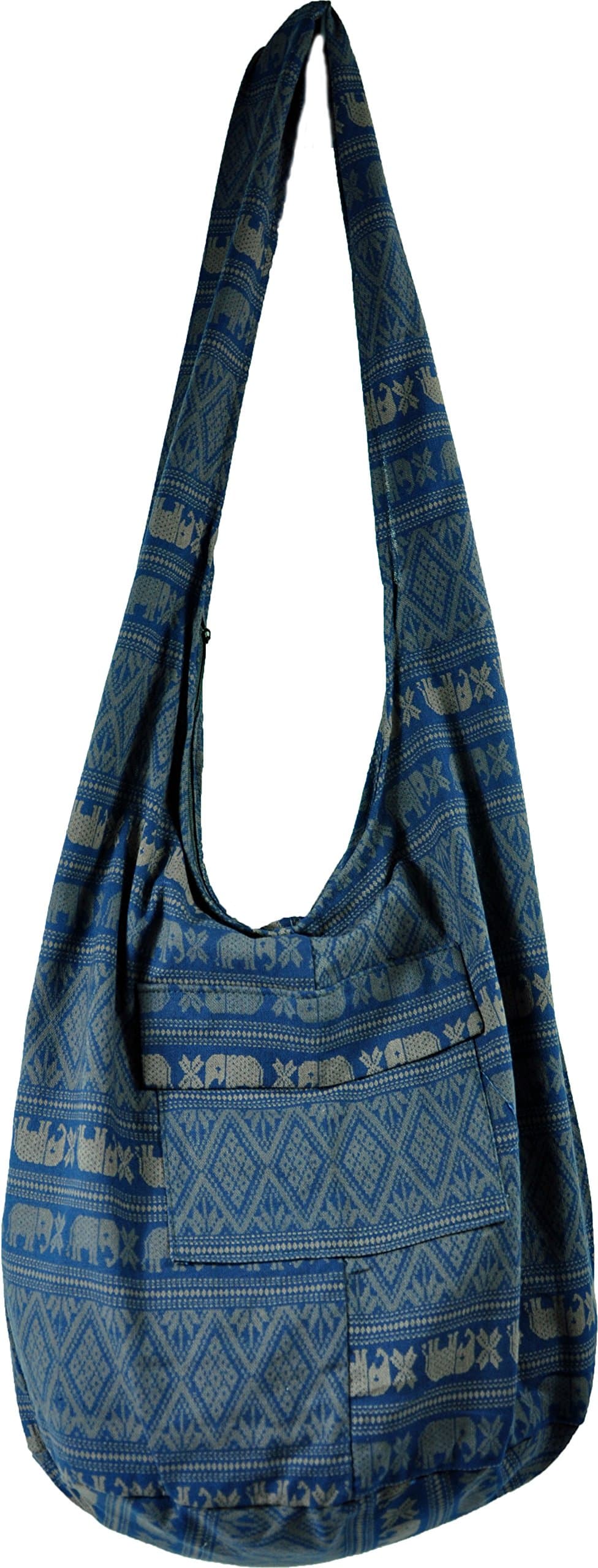 Navy Blue Elephant Pattern Asian Thai Style Hippie Boho Hand Made Cotton Fabric Woven Lanna Sling Shoulder Tote Cross Body Bag From Chiangmai Thailand
