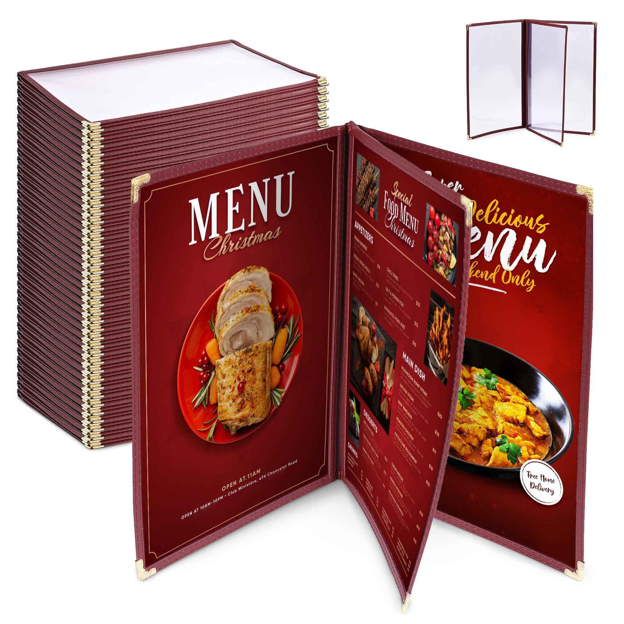 WeChef 30 Pack Restaurant Menu Covers 8.5 x 14" Book Style 3 Pages 6 Views PVC Transparent Restaurant Menu Holder Book Cafe Hotel Bar Burgundy