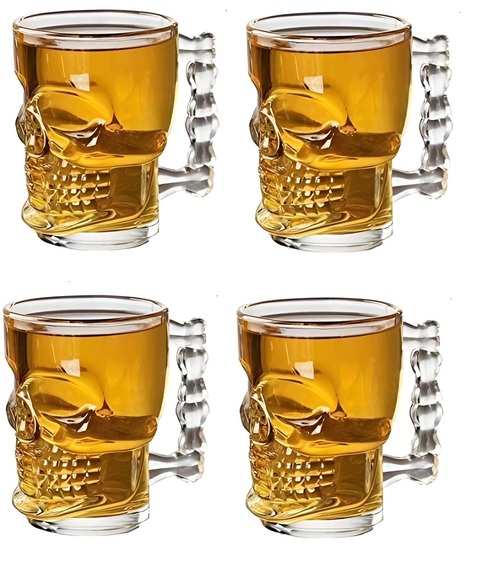 "Skull Beer Mug Drinking Glasses with Handle - Set of 4 Clear Glass Mugs, 520ml Each, Great for Beer, Cocktails, Soft Drinks, Parties, Halloween Décor, and Unique Gift Ideas