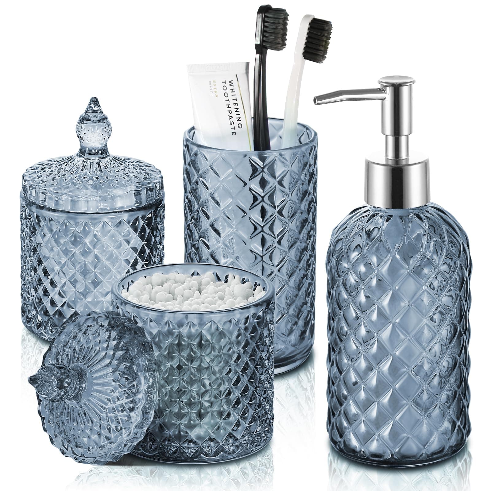 Blue Bathroom Accessories Set, 4 Pack Light Blue Bathroom Decor Accessory Sets Complete, Diamond Glass Soap Dispenser and Toothbrush Holder Set for Bath Counter Organizer Essentials
