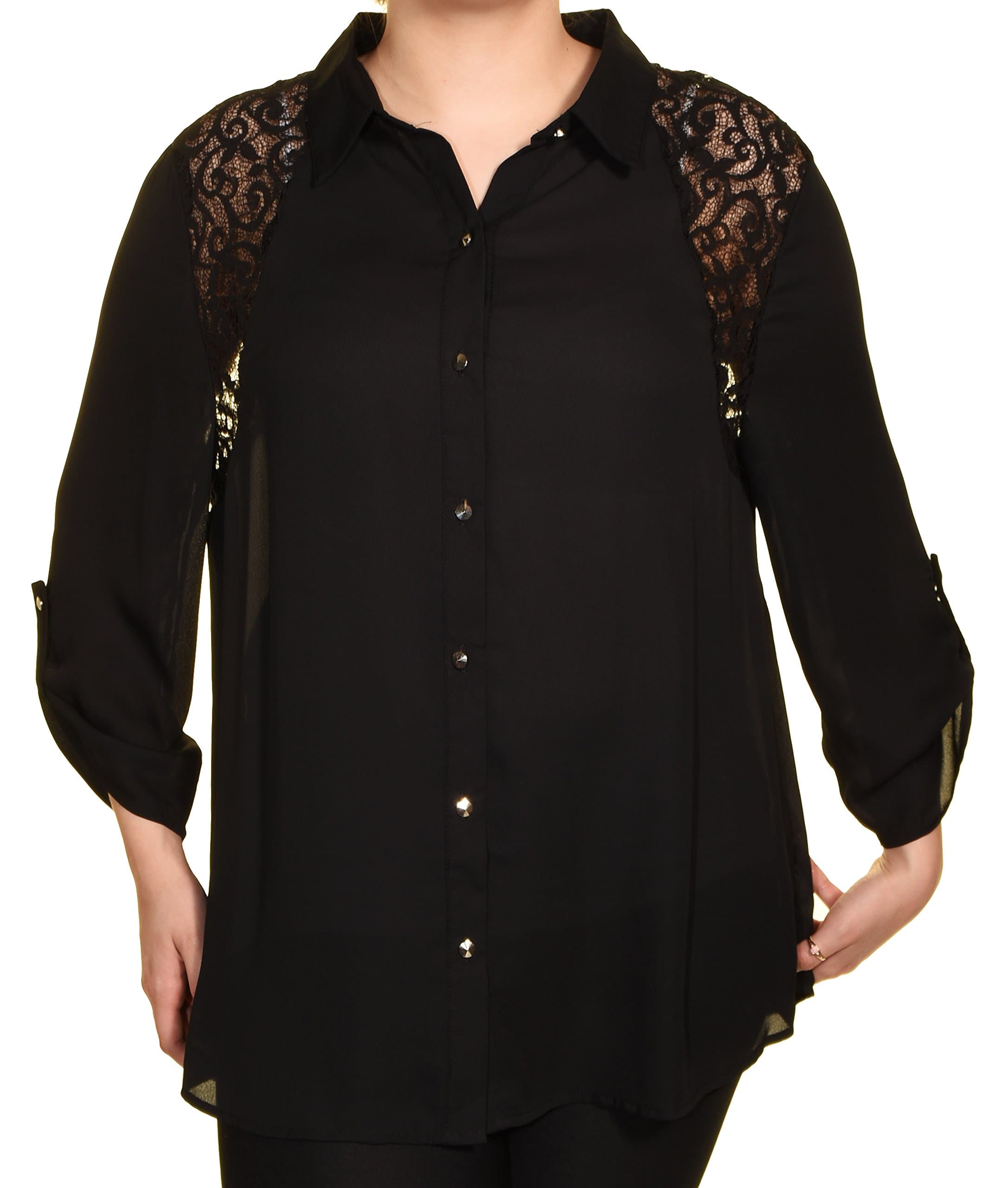 Lace Shoulder Roll-Tab Sleeve Blouse (Black, 3X)