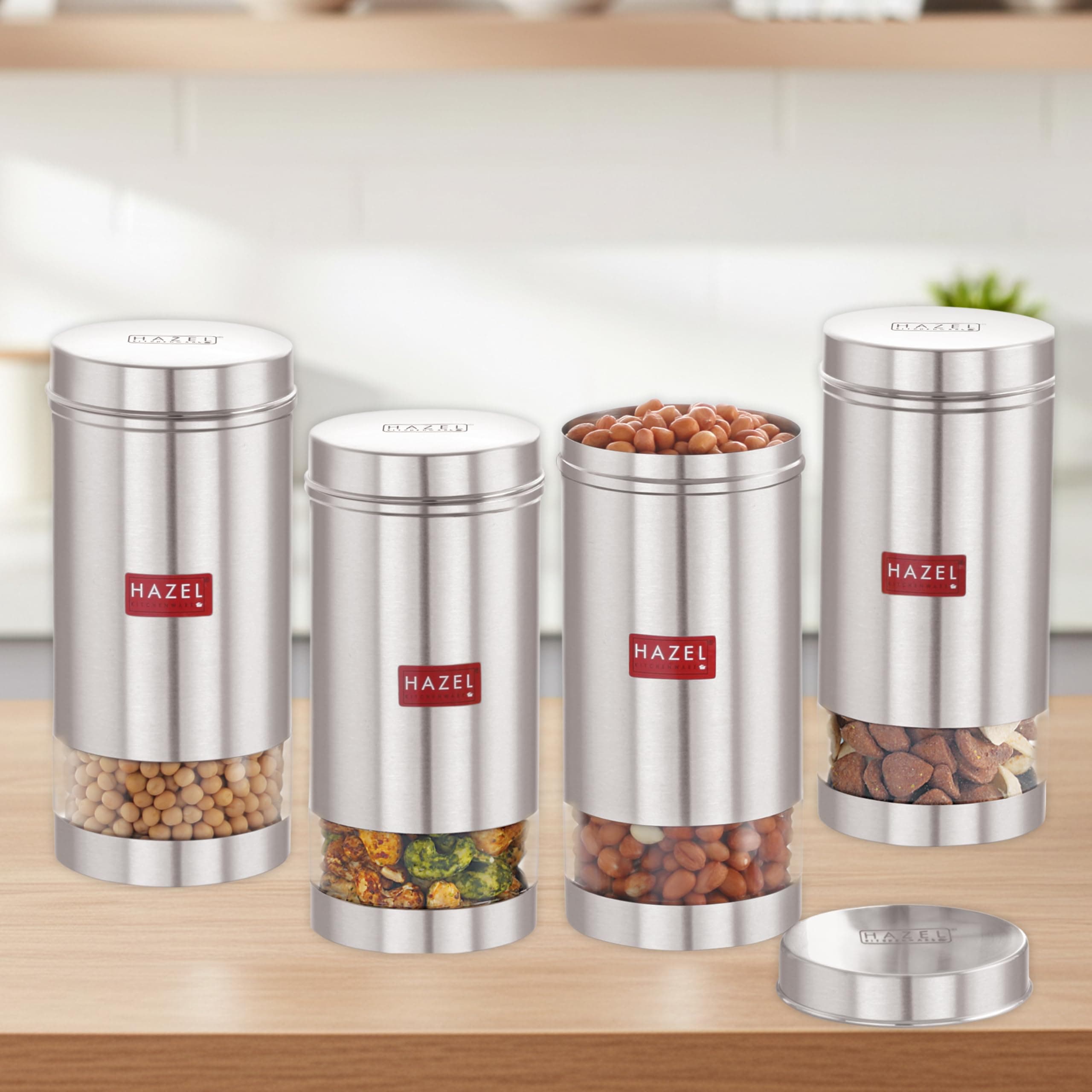 HAZEL Stainless Steel Transparent See Through Container, Silver, Set of 4, 1000 Ml
