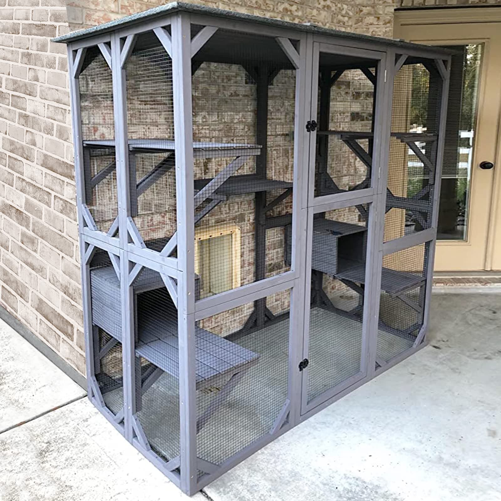 Aivituvin Catio Outdoor Cat Enclosure with 7 Platforms, 2 Resting Boxes, Large Window Cat House for 6-8 Mulitiple Cats Walk in Kitty Cage with Weatherproof Tarp Roof 71"
