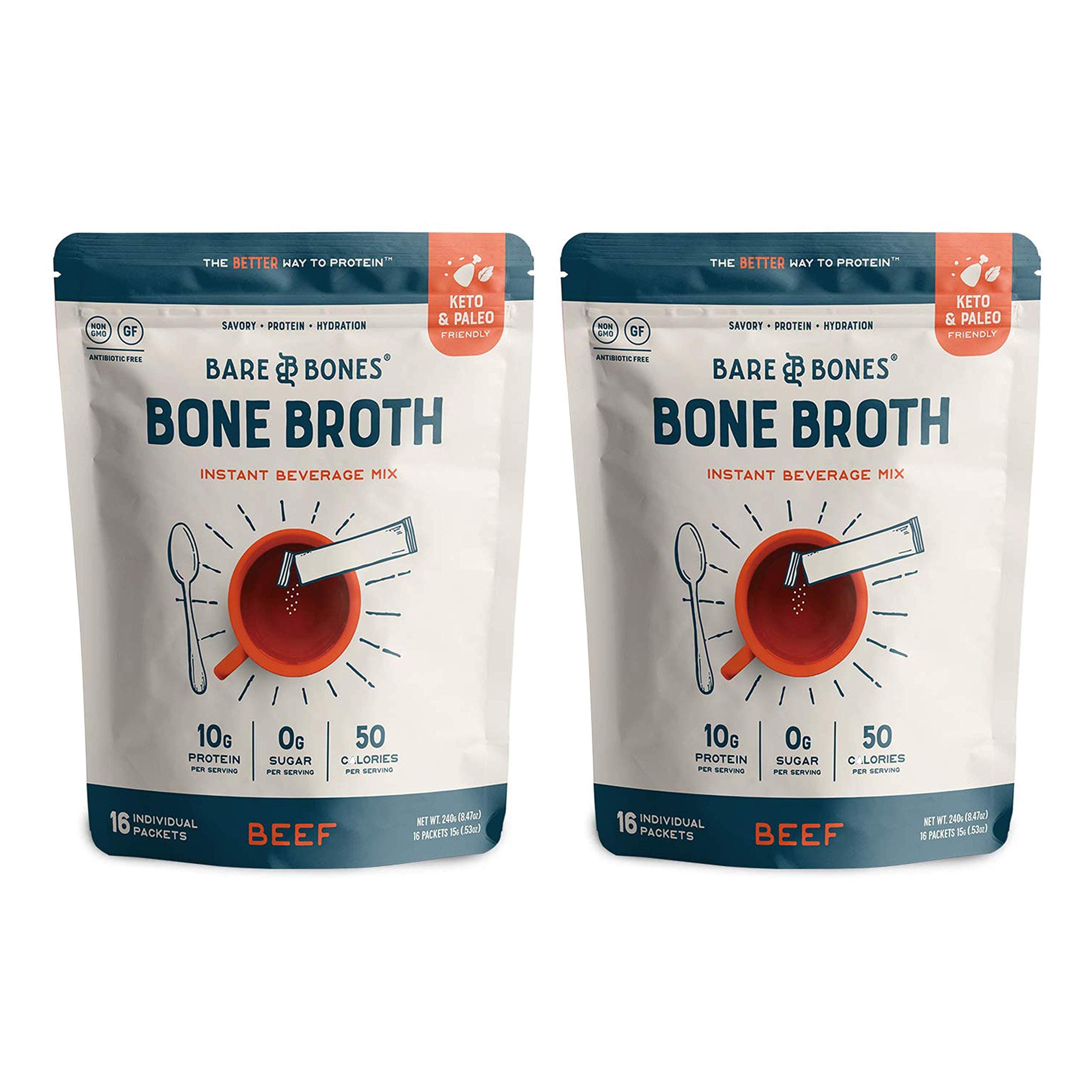 Bare Bones Beef Bone Broth Instant Powdered Mix | Rich Savory Packets on-the-Go No Artificial Flavors | 100% Grass Fed Keto & Paleo Friendly | Sticks 10g Protein | 32 Pack