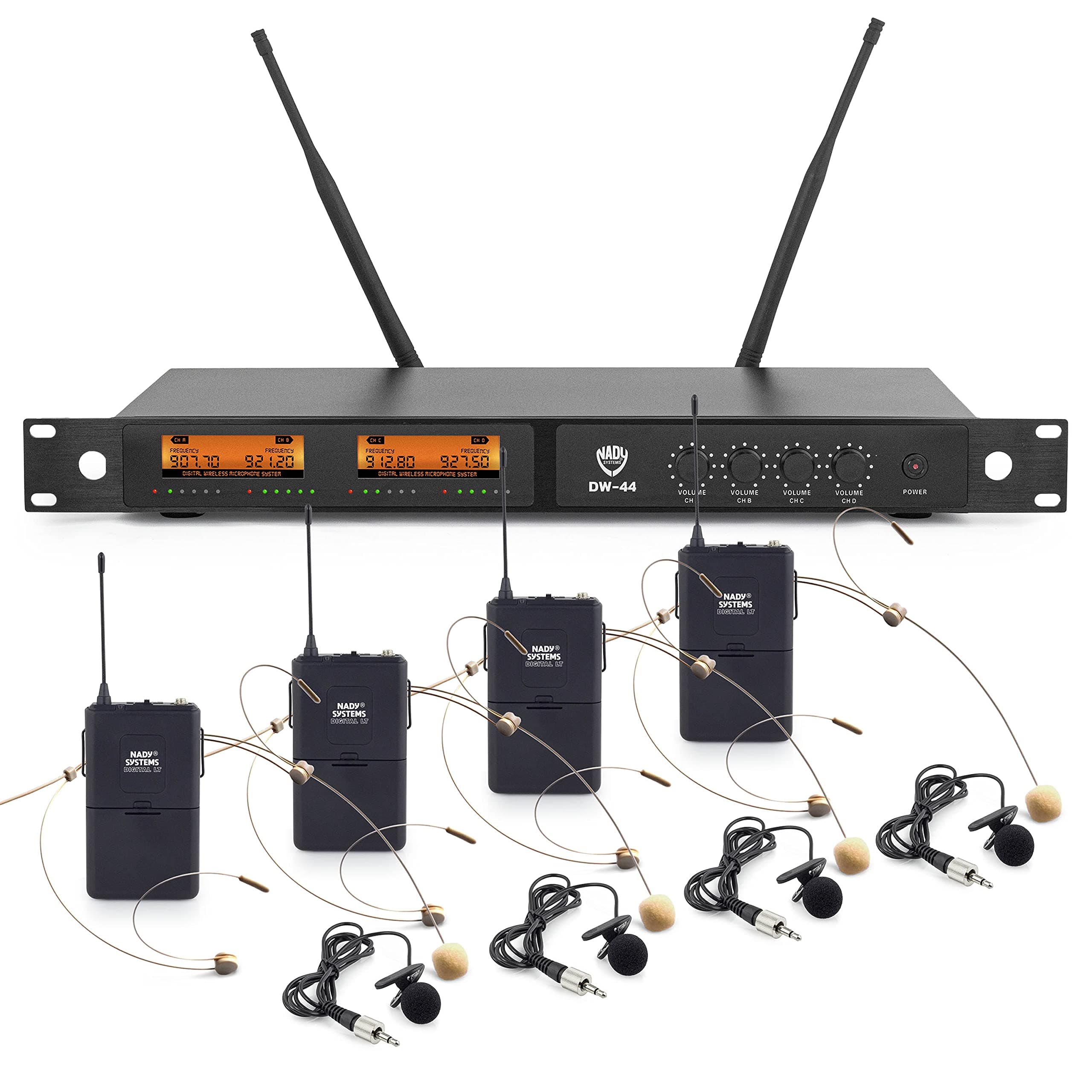NadyDW-44 HM-10 Beige Quad Digital Wireless Headset Microphone System– Ultra-Low Latency with QPSK Modulation - Four XLR and Mixed 1/4” outputs - Fixed Frequency