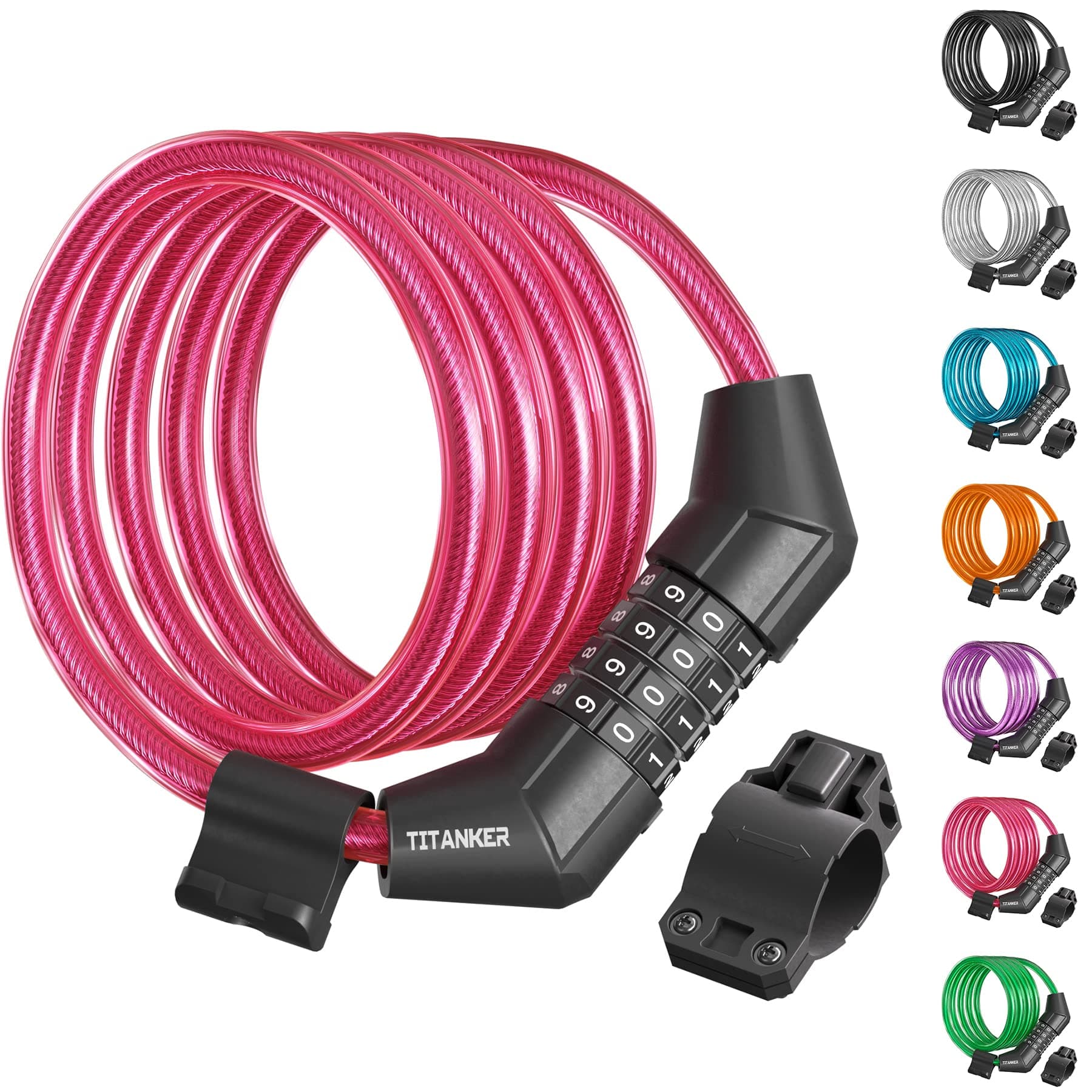 Titanker Bike Lock Cable, 4 Feet Bike Cable Lock Basic Self Coiling Kids Bike Lock Combination with Complimentary Mounting Bracket, 5/16 Inch Diameter (4FT, Pink-8mm)