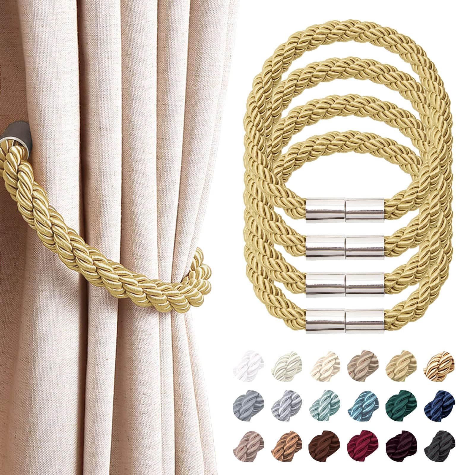 NICEEC 4 Pack Strong Magnetic Curtain Tiebacks Modern Simple Style Drape Tie Backs Convenient Decorative Weave Rope Curtain Holdbacks for Thin or Thick Home & Office Window Draperies (Gold)