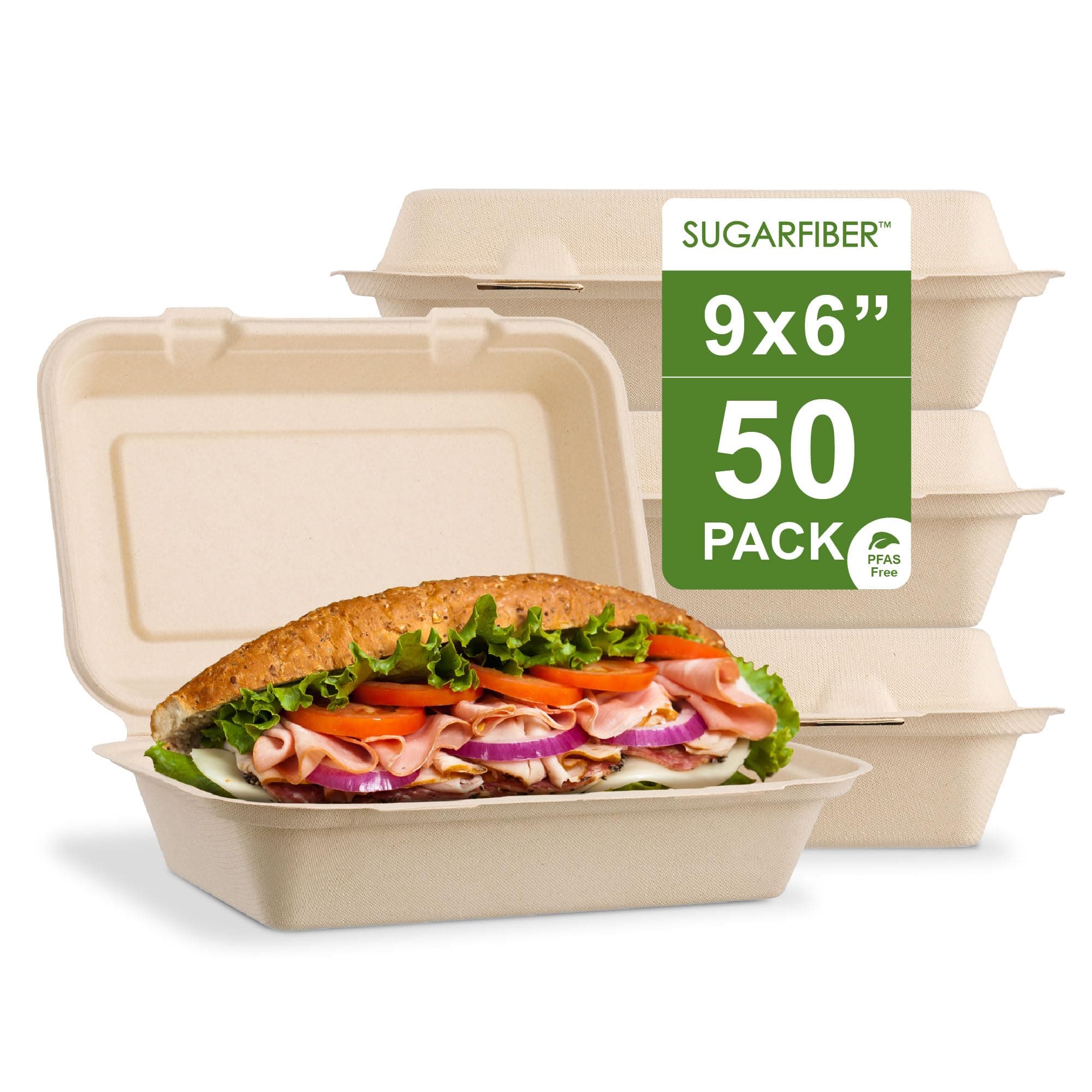 [50 COUNT]Harvest Pack PFAS FREE 9 X 6" Compostable Clamshell Food Containers, Heavy-Duty Hinged Container, Disposable Bagasse Eco-Friendly Natural Takeout to go Box, Made from Sugarcane Plant