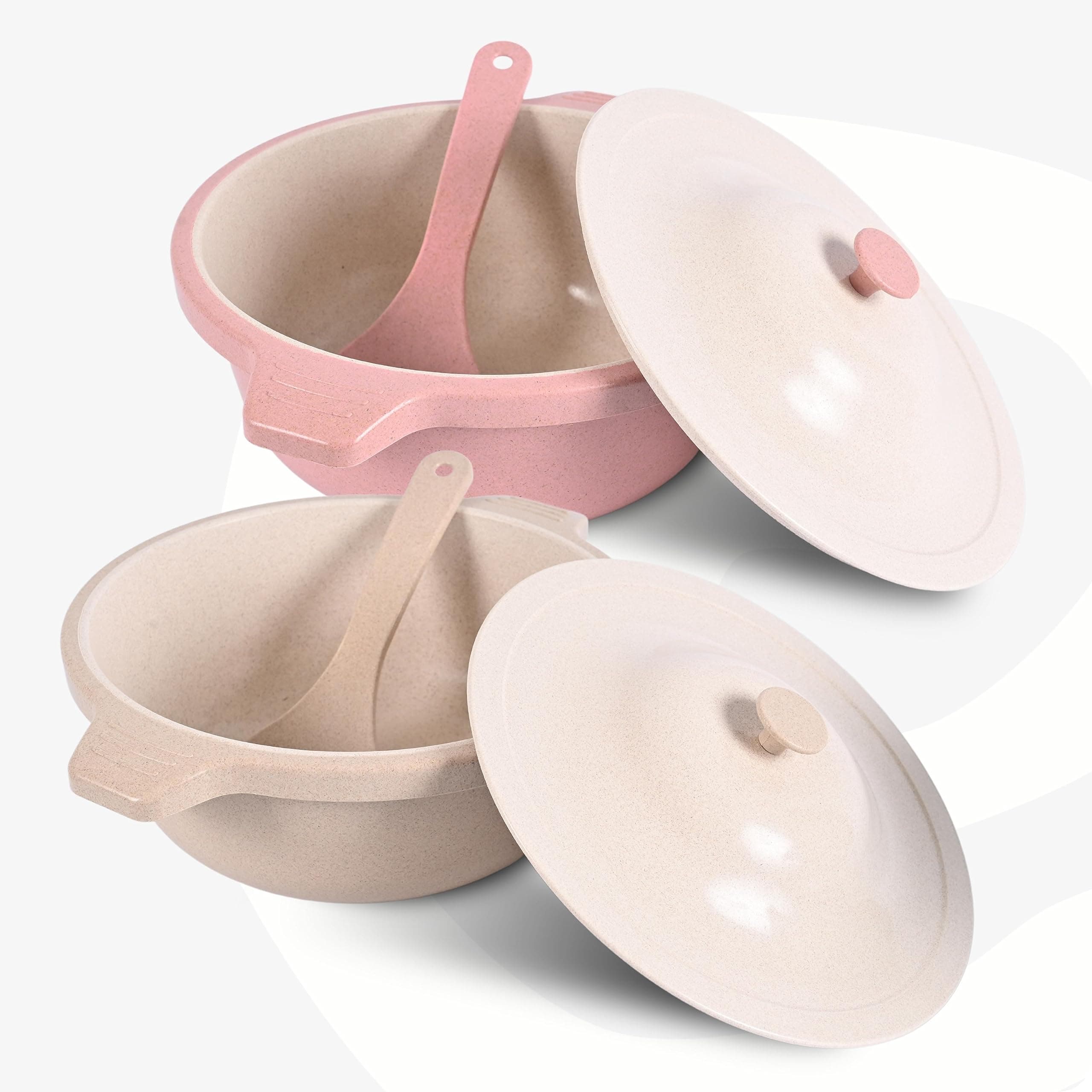 Eha Earth Friendly Serving Bowls with Lid | Microwave Safe | Made with Rice Husk and Bamboo Fibers | 3000 ml Each | Set of 2 | Innocent-Sand