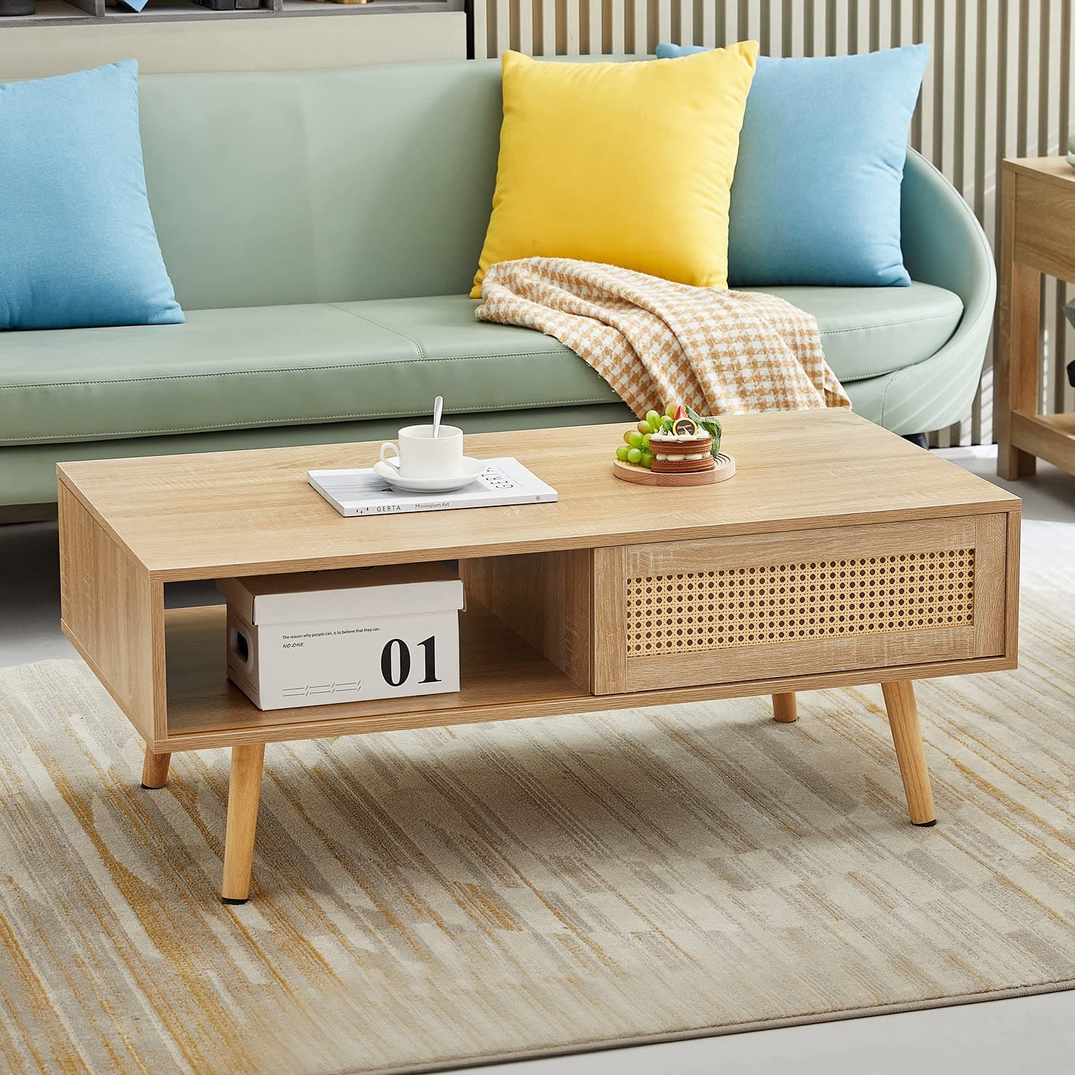 Mid Century Modern Coffee Table With Storage, 41.3 Inch Rectangle Wooden Accent Center Sofa Table With Sliding Pe Rattan Woven Door Panel&Solid Wood Legs, Suitable For Living Room, Apartment