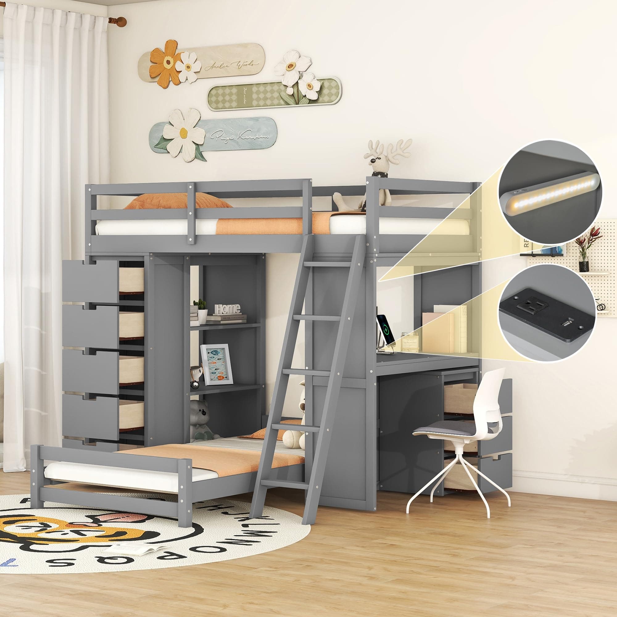 Versatility Solid Wood Loft Bed & Stand-Alone Platform Bed with 2 Storage Drawer Sets, Shelves and Study Desk, Twin over Twin Bunk Bed with LED Light and USB Poarts for Kids Teens Aldults (Grey-V)