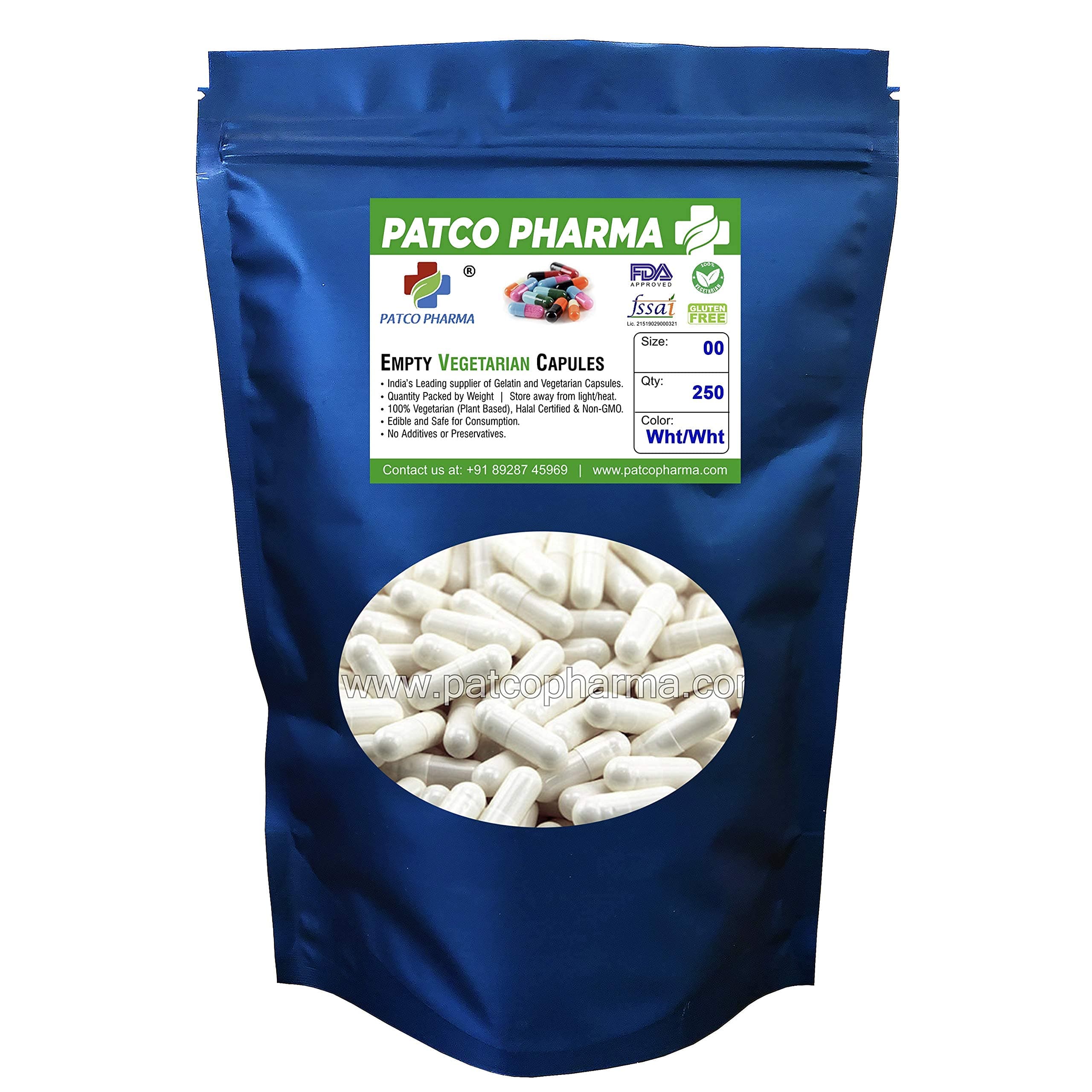 PATCO PHARMA RAW MATERIALS & EQUIPMENTS -Size 00 White Empty Vegetarian Pill Capsule-Gluten Free/Halal Certified|Diy Powder Filling(Pack Of 250)