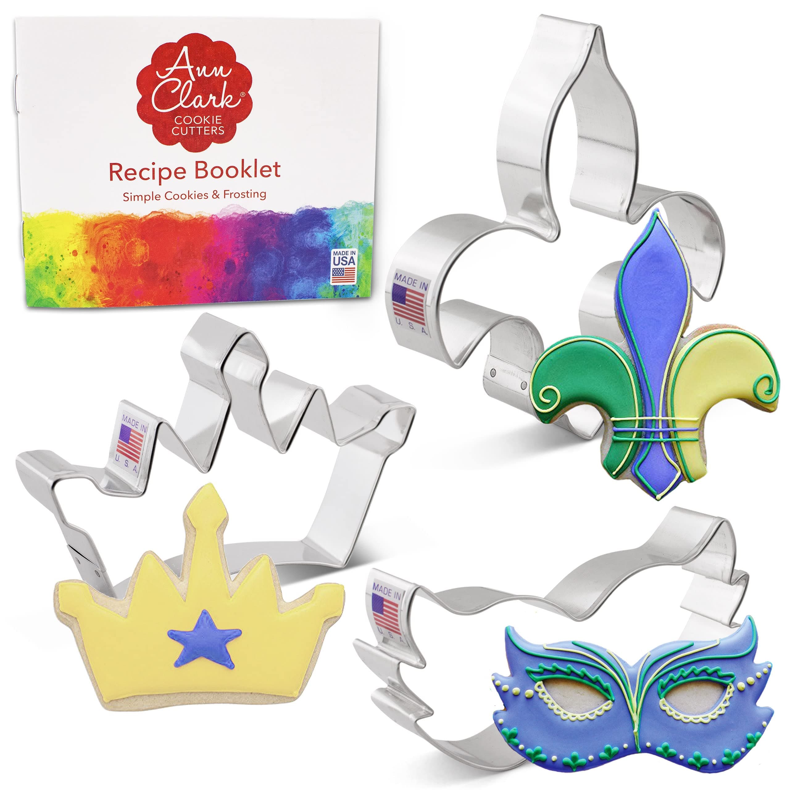 Ann Clark Mardi Gras 3-Pc. Cookie Cutter Set, Made in USA, Fleur de Lis, Crown, Mask