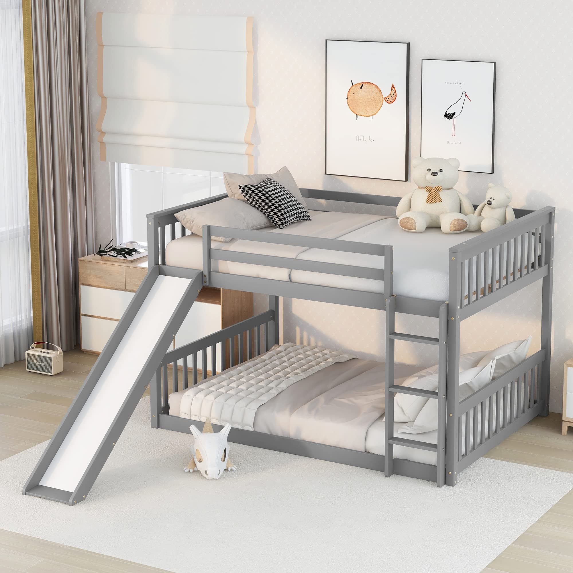 Full Over Full Bunk Bed with Slide and Ladder, Low Bunk Bed for Kids, Girls, Boys, Floor bunk beds, Gray