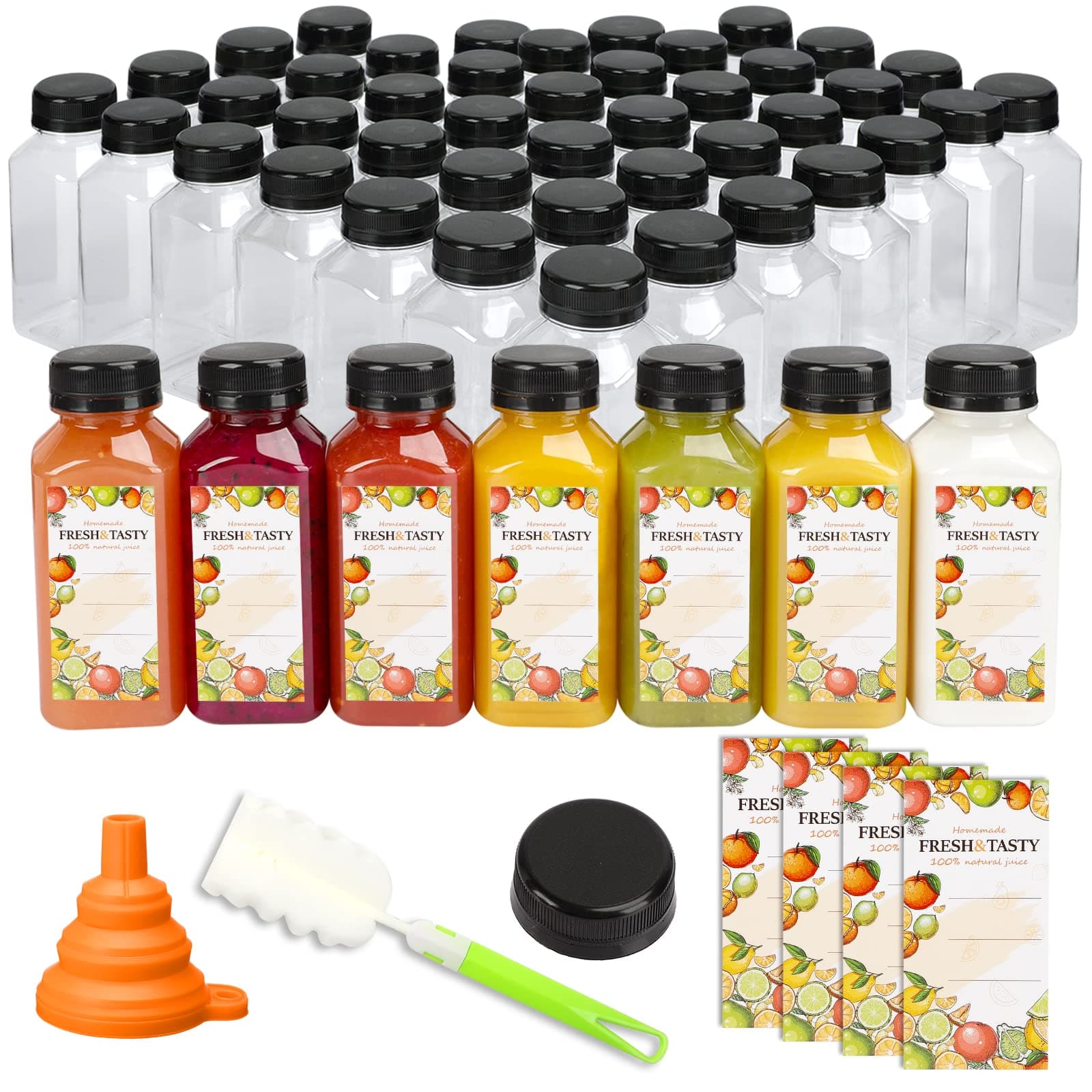 Tomnk 100pcs 8oz Empty Plastic Juice Bottles with Caps, Reusable Clear Bulk Beverage Containers with Label, Funnel and Brush for Juicing, Milk, Smoothie, Drinking, Beverages