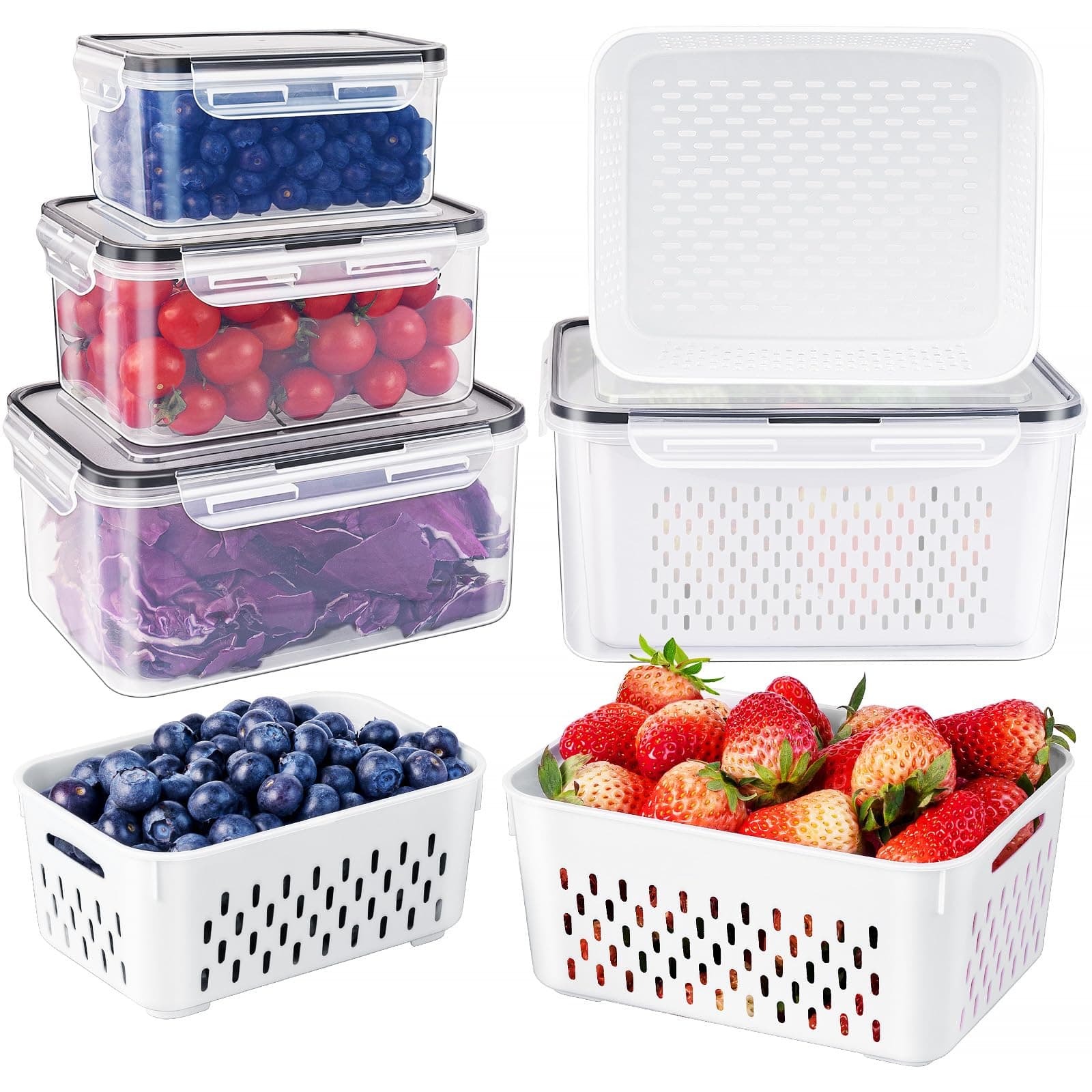 Freshmage Fruit Storage Containers for Fridge with Removable Colander, Airtight Food Storage Container, Dishwasher Safe Produce Saver for Refrigerator, Keep Berry Fruit Fresh Longer 4 pcs Small Clear