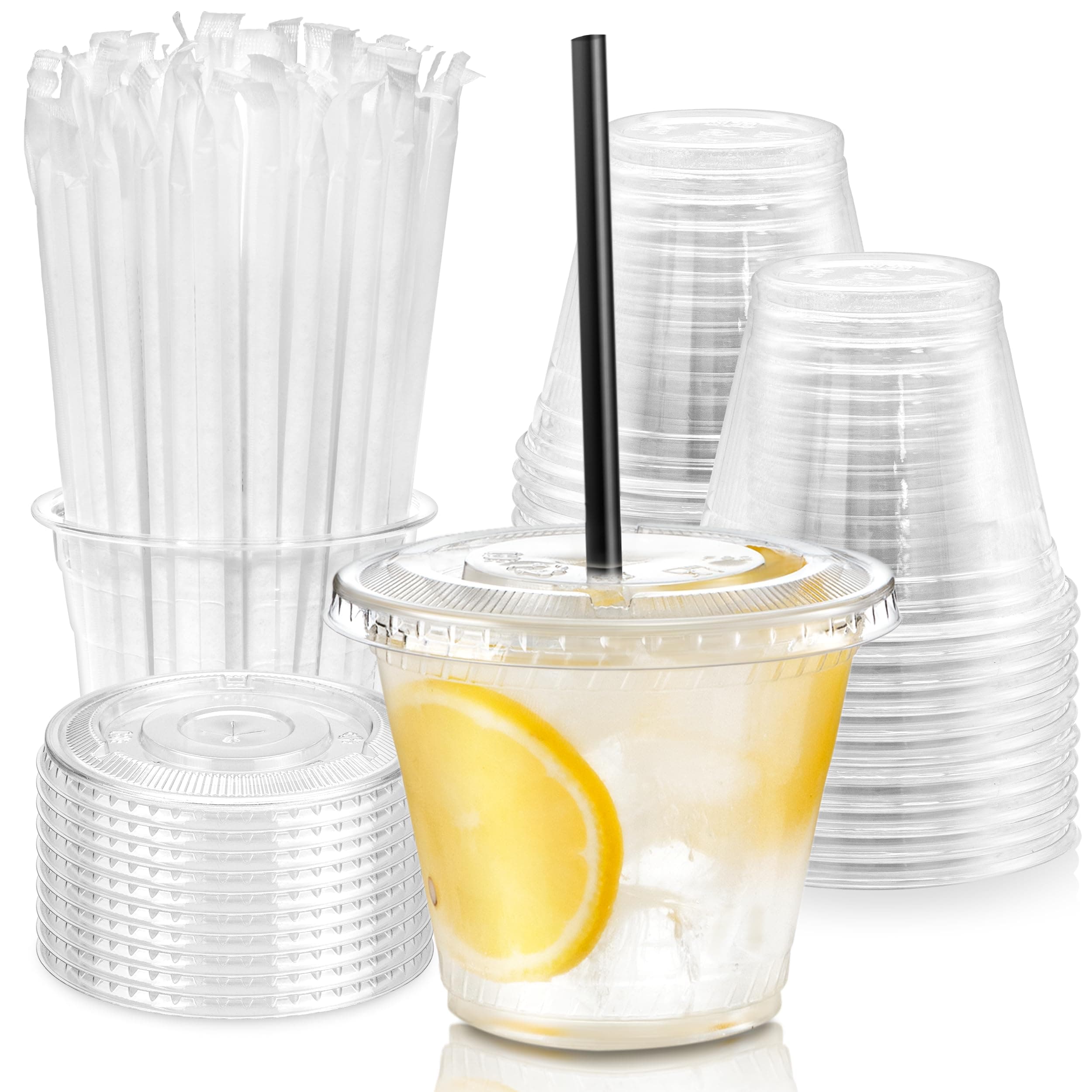 Fit Meal Prep 400 Pack 9 oz Plastic Iced Coffee Cups with Flat Lids and Black Straws, Disposable Clear Cup, BPA Free Cup for Party, Smoothie, Cold Drinks, Juice, Milkshake, Bubble Boba, Tea