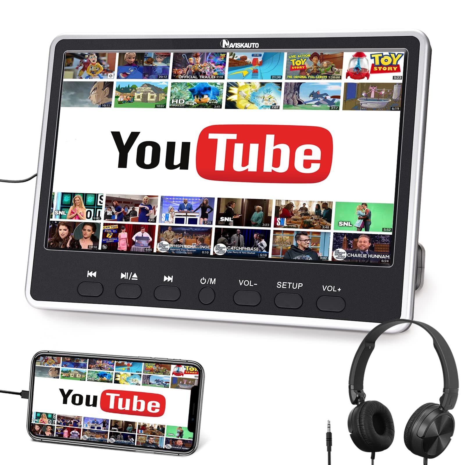 NAVISKAUTO 12" Car DVD Player with HDMI Input Headphone Mounting Bracket 1366x768 HD Screen Inhalation Drive Support Sync Screen AV in & Out Last Memory Region Free USB/Micro SD Card